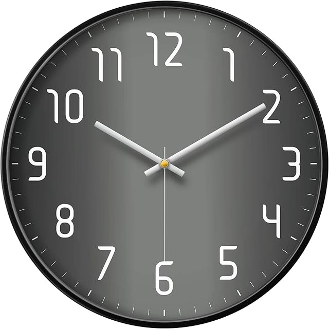 Modern Wall Clock Silent Non-Ticking Black&Grey Simple Style Large Number Display Analog Round Metal Wall Clocks Decorative for Office Bedroom Kitchen Living Room Home Decor 14 Inch