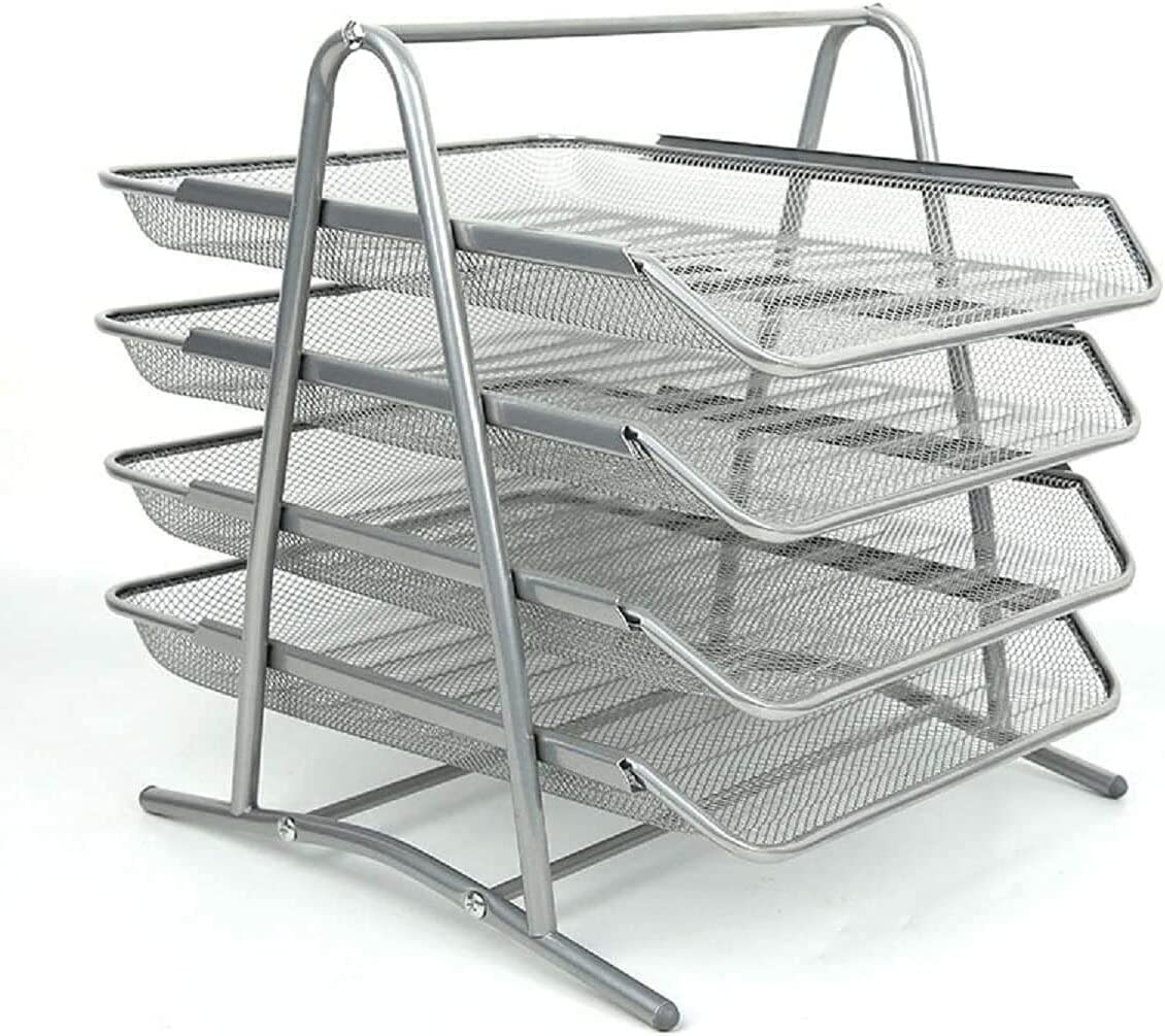 Unibos | Mesh Desk Organiser 4 Tier Letter Tray Organizer Office Desktop Document Paper File Storage Mesh Filling Collection for Home & Office Use (SILVER)
