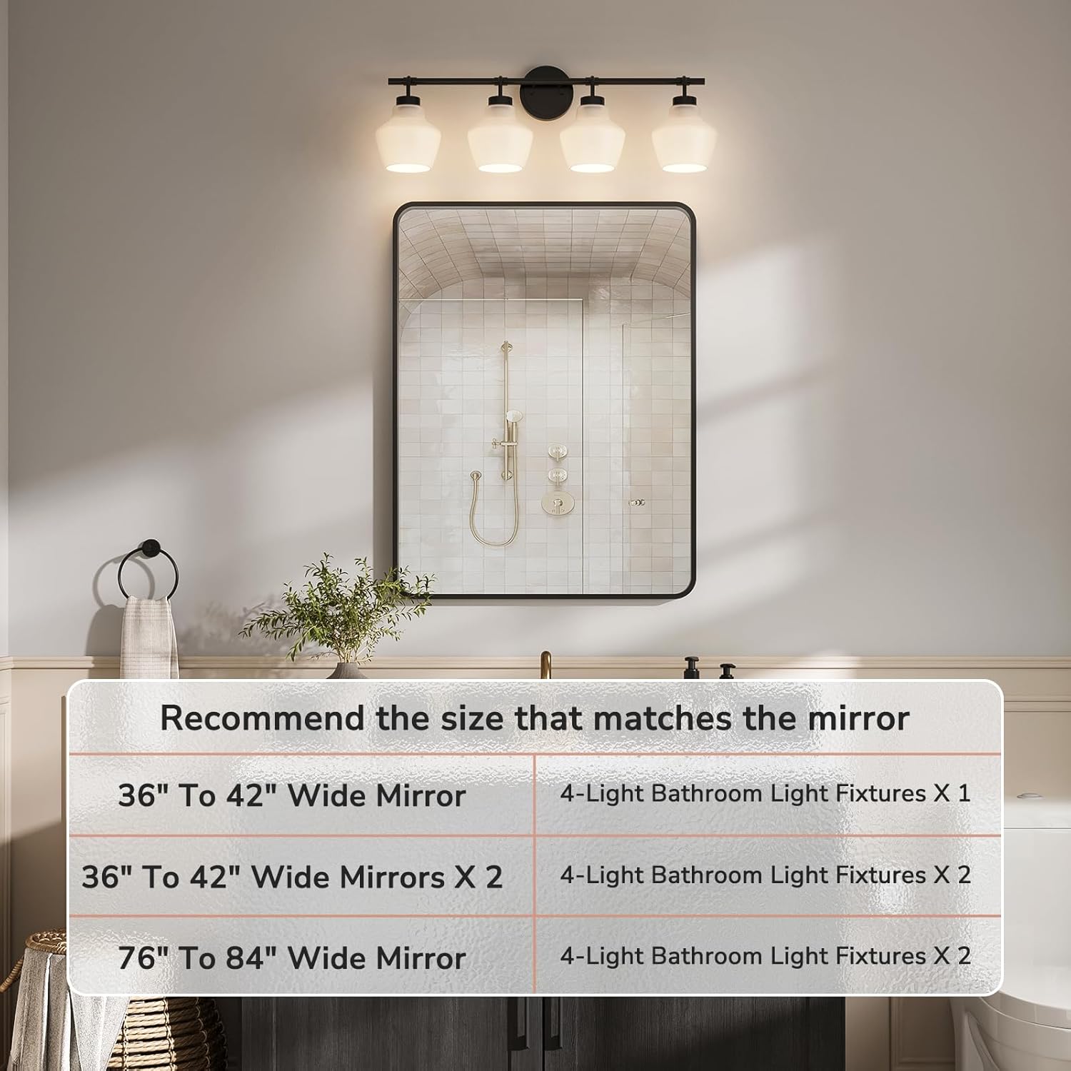 USHOWER 4-Light Bathroom Light Fixtures, Vanity Lights with White Frosted Glass Shades, Modern Black Vanity Lights for Bathroom, Mirror, Living Room, Bedroom, Hallway, E26 Base (Bulbs Not Included)