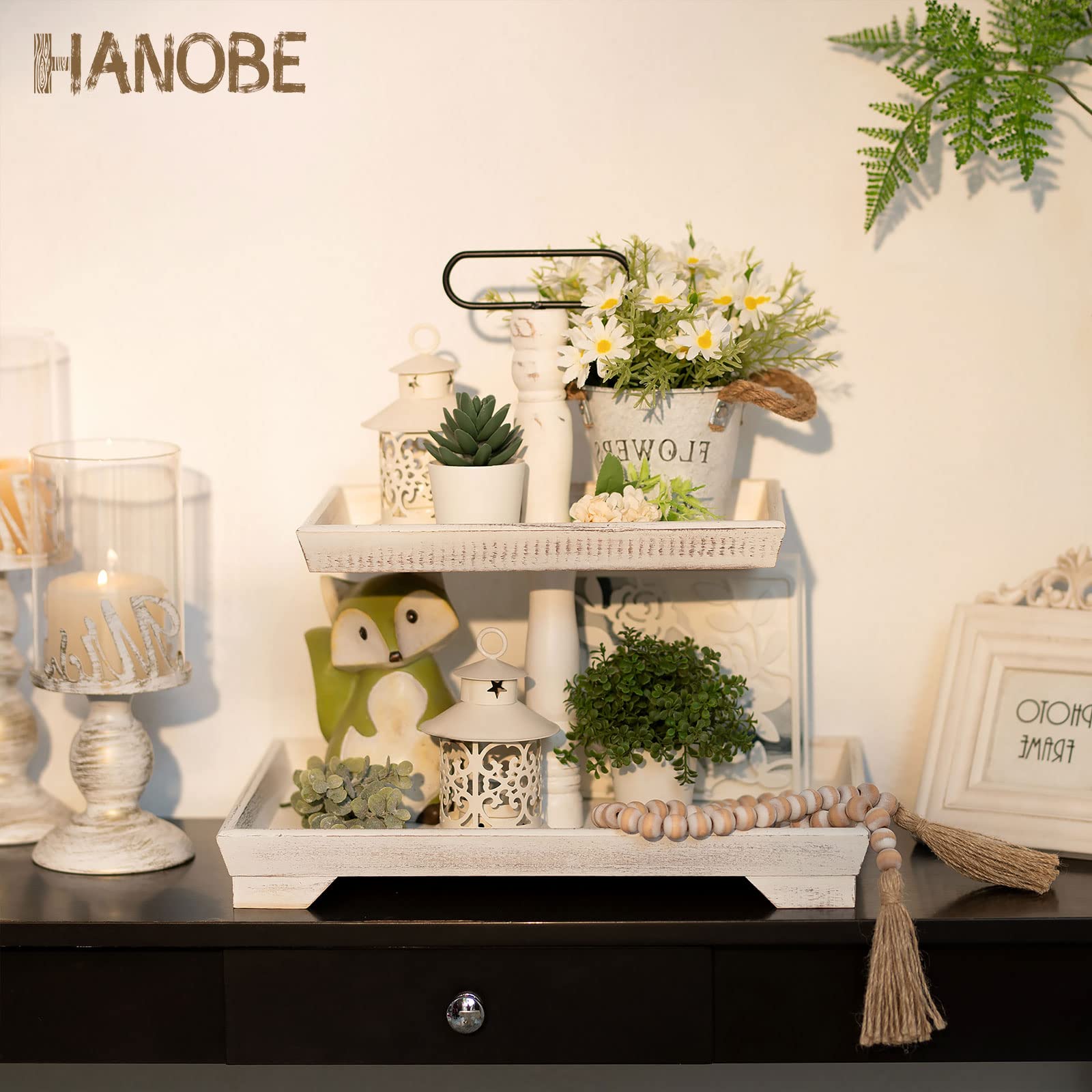 Hanobe Decorative Wooden Tiered Tray: Rustic Whitewashed Wood 2 Tier Stand Farmhouse Tray Decor Two Rectangle for Kitchen Counter Centerpieces Coffee Bar Easter Spring Valentine's Day - Image 3