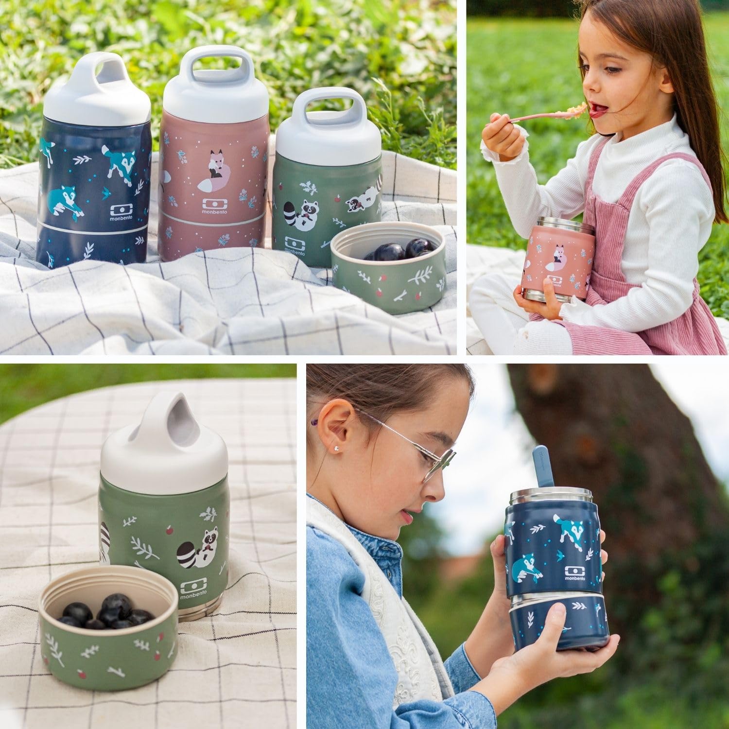 Monbento Lunch Box Enfant Isotherme Handy Vert Raccoon 500 ml 2 Étages Bento Inox 2-en-1 Garde au Chaud & Froid Sans BPA