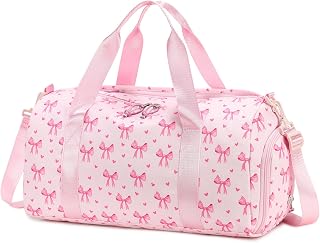 LOIDOU Dance Bag for Girls, 23L Kids Duffle Bag with Shoe Compartment & Wet Pocket, Waterproof Gym Travel Tote for Toddler Little Girl Ballet Dance Class & Weekend Trip (Pink Bow)