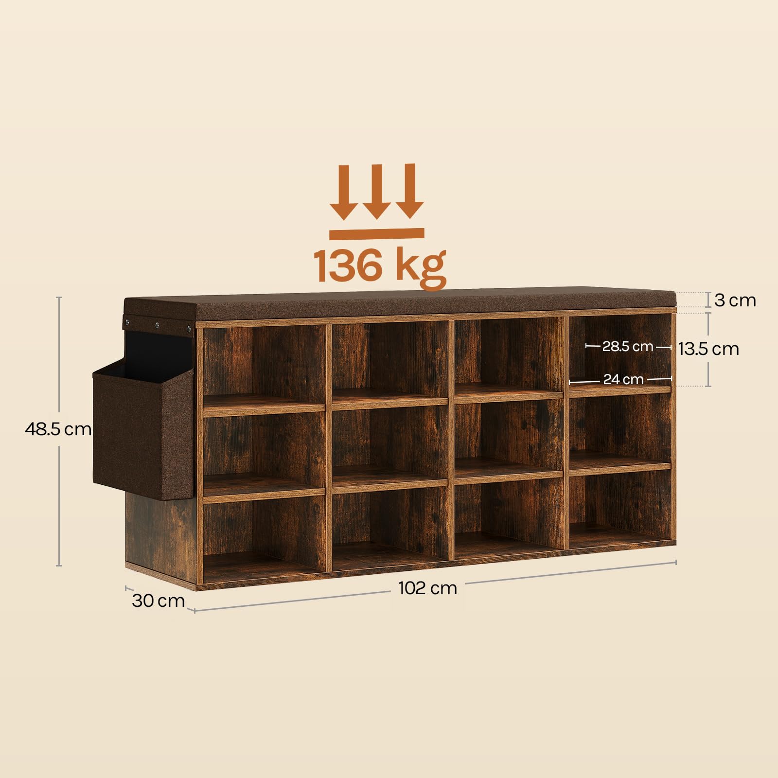 WOLTU Panca Scarpiera da Ingresso, Scaffale Porta Scarpe a 12 Scomparti con Seduta Imbottita, Mobile da Ingresso Salvaspazio in Legno, Marrone Rustico+Marrone, 102x30x48,5 cm