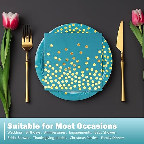 Miniatura 6 de Paquete de 200 platos y servilletas de papel azul y verde dorado, 100 platos de postre de 7 pulgadas y 100 servilletas de 6.5 pulgadas, platos de