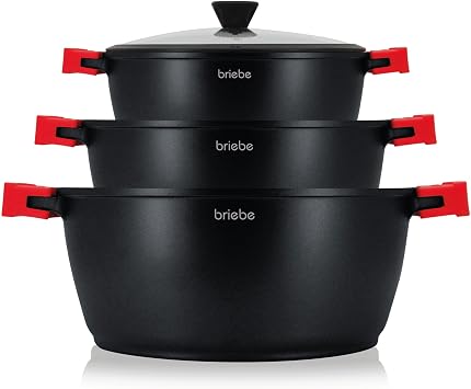 briebe Black Titanium Induction Cookware Set of 6 Non-Stick Titanium, Set of 3 Cast Aluminium Pots without PFOA, Set of Pots and Lids Glass, Removable Silicone Handles, Glass-Ceramic, Gas, Oven