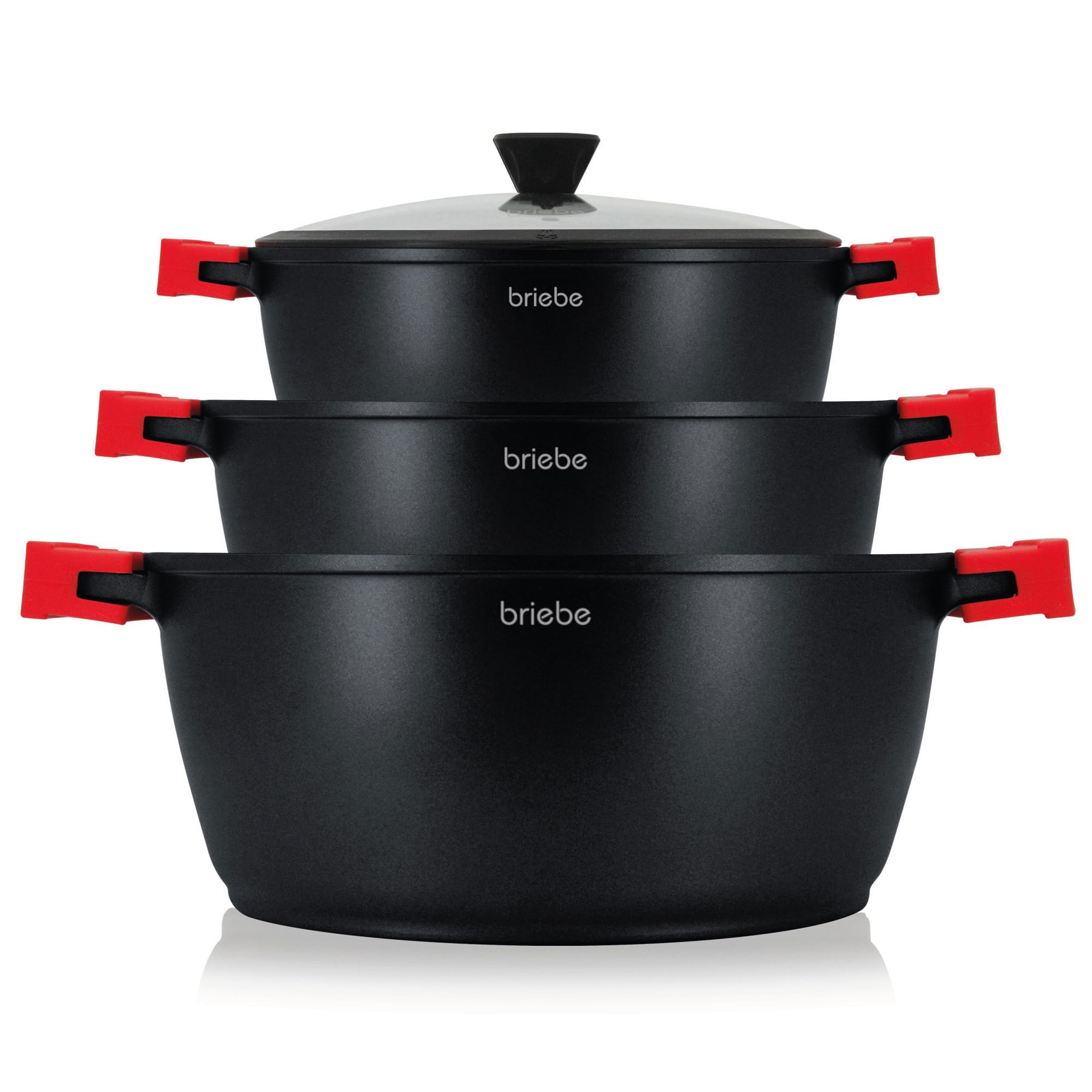 briebe Black Titanium Set Pentole Induzione 6 Pezzi Batteria da Cucina 3 Casseruole Alluminio Fuso, Antiaderente Titanio senza PFOA, Coperchi in Vetro, Manici in Silicone, Tutti i Fornelli, Forno