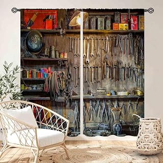 Man Cave Curtains,Vintage Rustic Garage Drapes 2 Panels,55X39 Inch | Retro Car Repair Shop Tools Shed Workshop Fixing Equipment Vintage Boys Men Teen Window Treatments for Bedroom Playroom