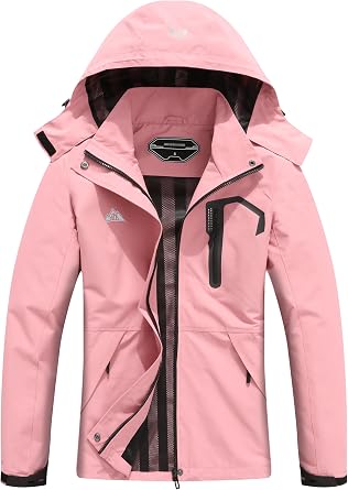 Womens Waterproof Lightweight Raincoat Windproof Windbreaker with Detachable Hood Breathable Outdoor Rain Jacket for Hiking