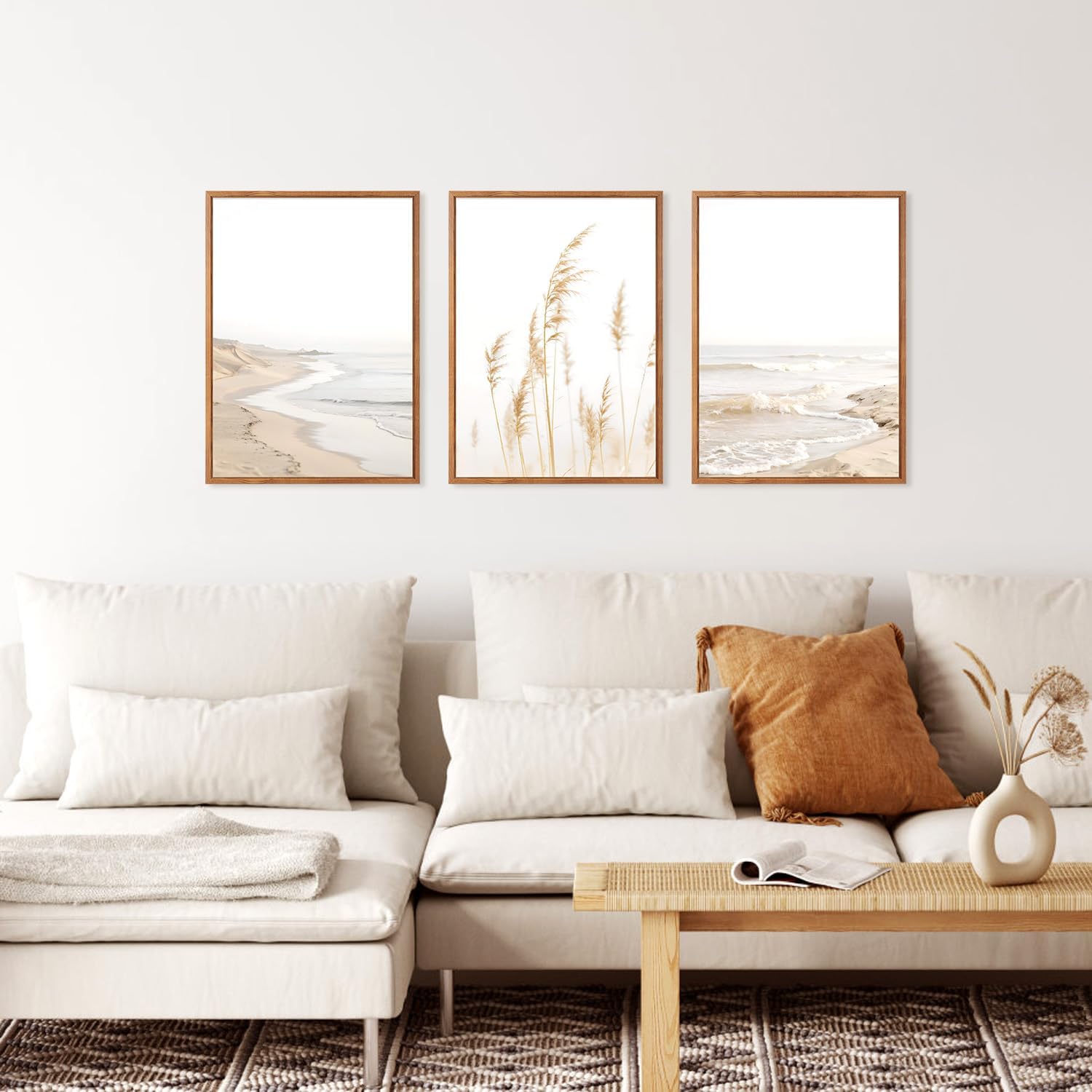 HPNIUB Modern Beach Artwork Seascape Wall Art, Seaside Framed Painting Reed Pathway Picture, Minimalist Neutral Coastal Landscape Wall Decor for Living Room,Bathroom(Set of 3,24x36 Inch) Modern Beach Wall Art