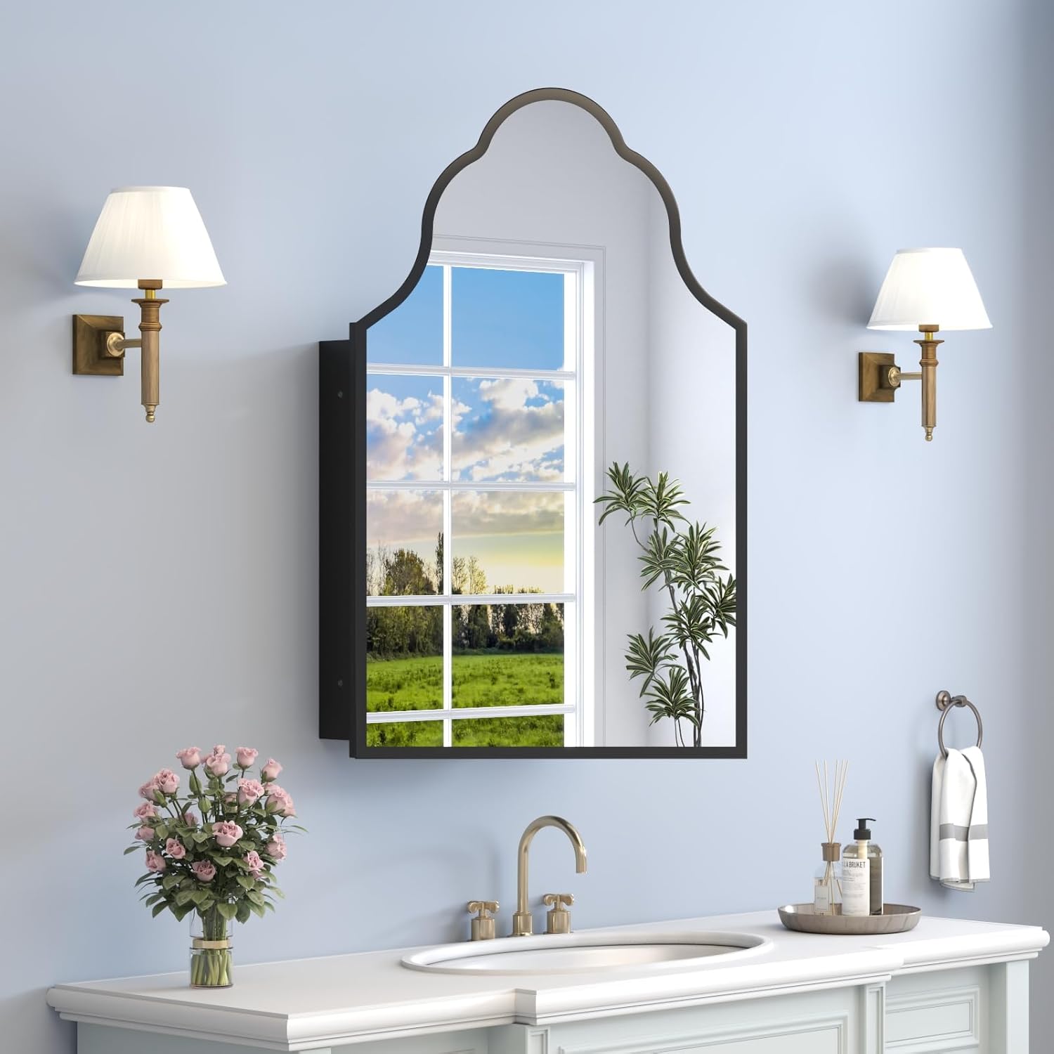 20"x32" Irregular Medicine Cabinet with Mirror, Recessed or Surface Mount Black Arched Medicine Cabinet for Bathroom, Artistic Decorative Mirror with Storage, Full Metal, Easy Installation No Light Irregular 20"x32"
