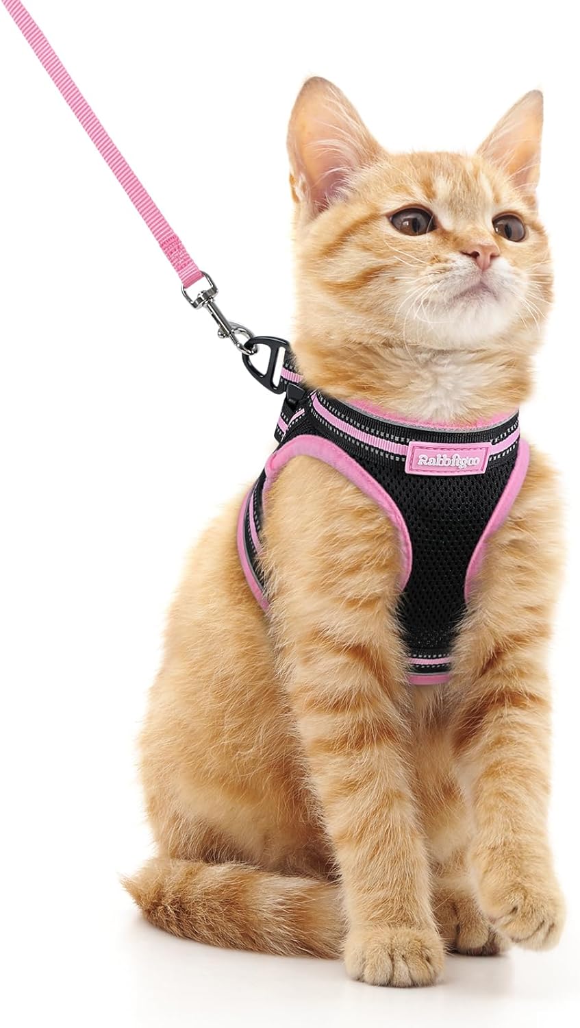 rabbitgoo Cat Harness and Leash Set for Walking Escape Proof, Adjustable Soft Kittens Vest with Reflective Strip for Cats, Comfortable Outdoor Vest, Black & Pink, M