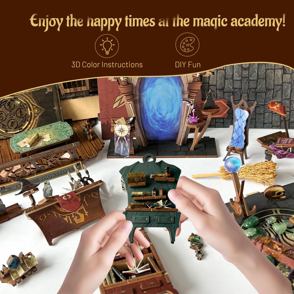 Magiczny zestaw zakątek książki z różdżką, drewniane puzzle 3D, domek dla lalek, kreatywny zestaw regałów na książki, dekoracja dla dorosłych, nastolatków, Magic Academy (SQ-38)