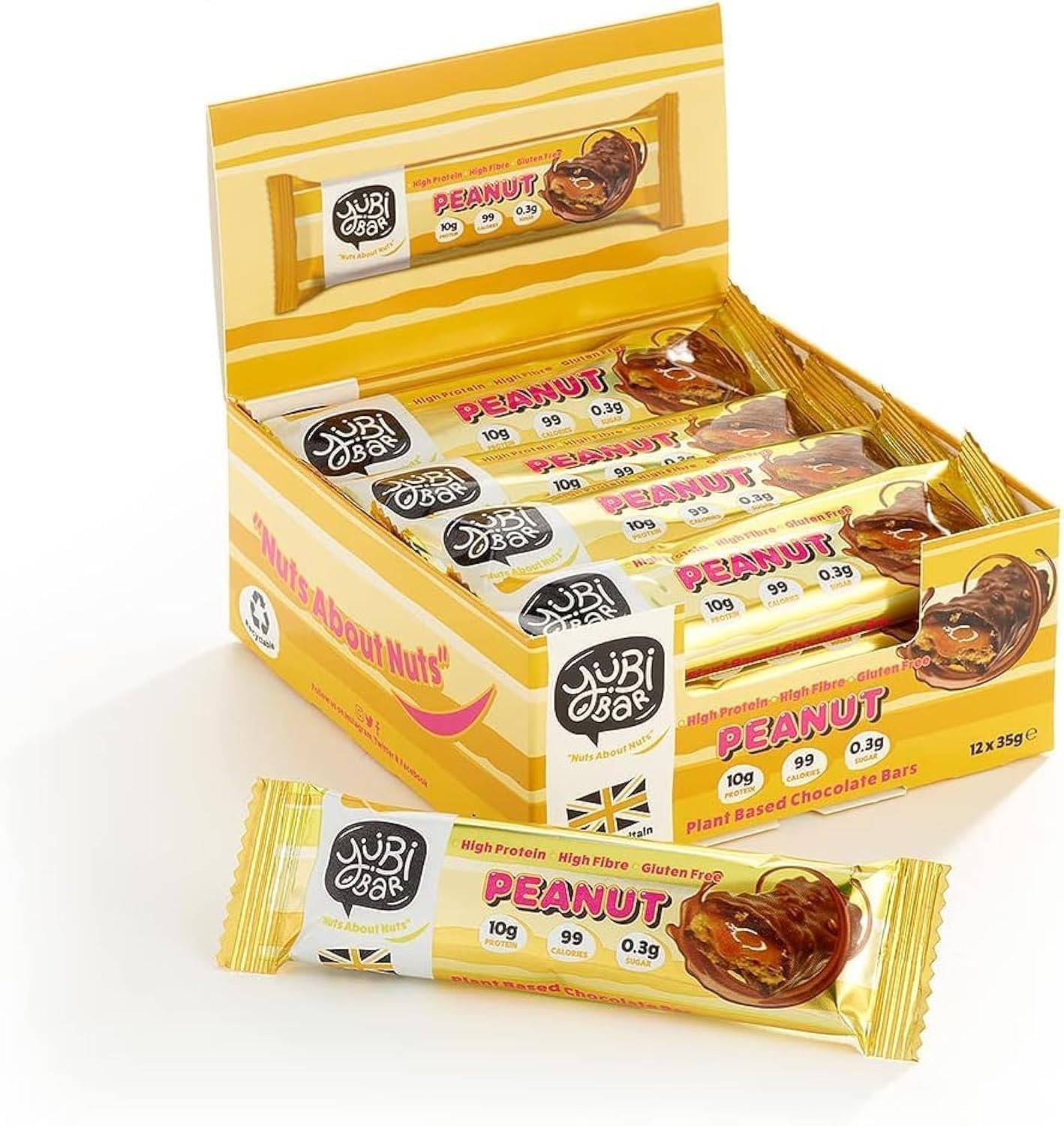 Vegan Yubi Peanut 12 Pack - Protein Bars - 99 Calories, High in Protein and Fibre, Low in Sugar, Gluten and Dairy Free Made in UK