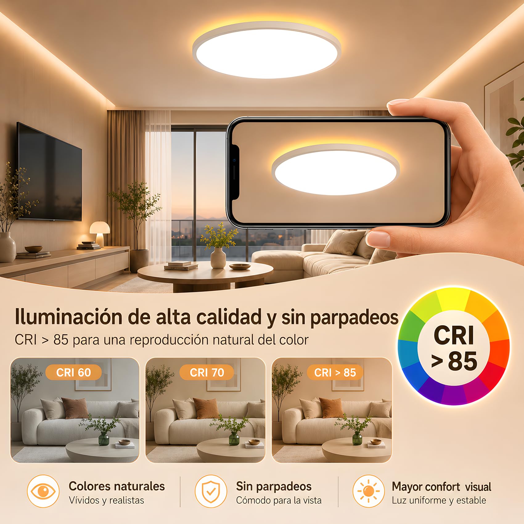 MoonYard Lámpara de techo LED, redonda, plana, Ø50cm, 50W, 5400lm regulable con mando a distancia para dormitorio, habitación infantil y salón