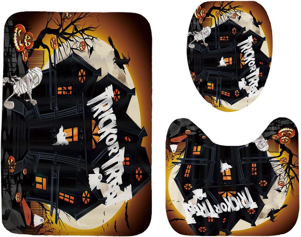 Halloween Shower Curtain Sets with Non-Slip Rugs, Toilet Lid Cover and Bath Mat, Haunted House Pumpkin Shower Curtains with 12 Hooks, Waterproof Bathroom Decor Sets with Curtain and Rugs