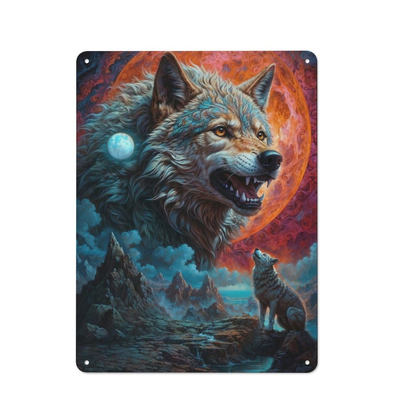 Junmoney Full Moon Lone Wolf Snarls Vintage-Inspired Tin Sign 40X30cm For Garage Or Workshop, For Garage, Workshop And Man Cave Decoration