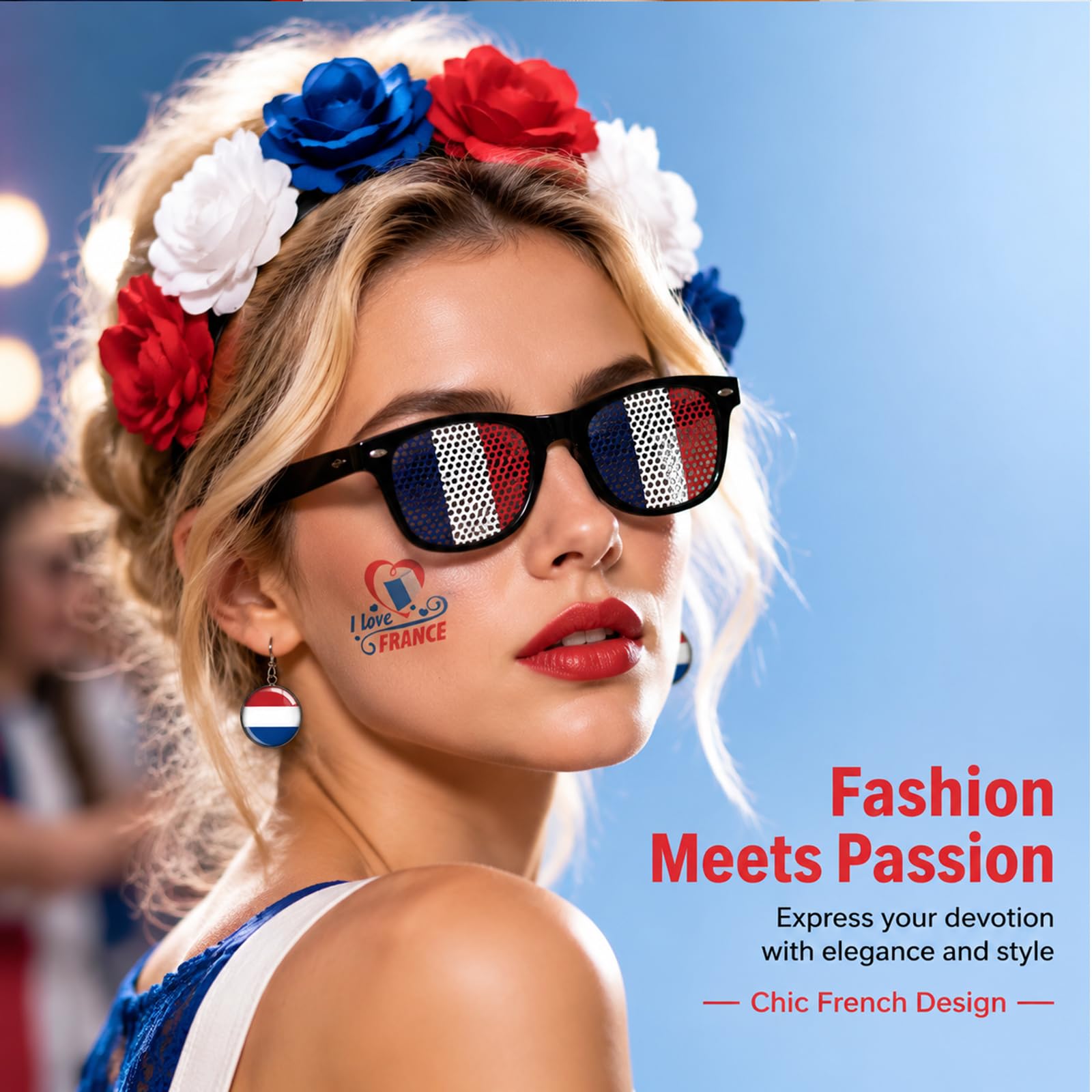 Set d'articles pour supporters français femmes Bleu-Blanc-Rouge - Serre-tête, boucles d'oreilles, lunettes de soleil & tatouages