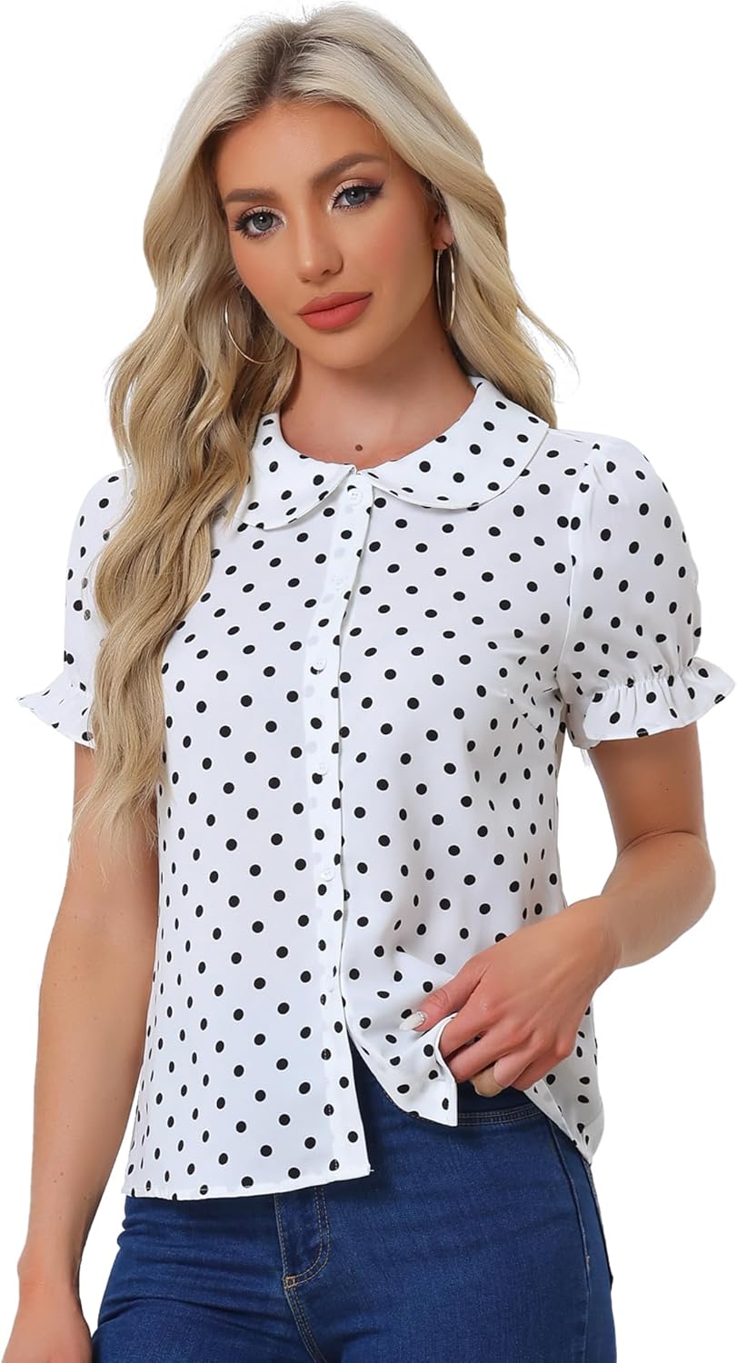 Allegra K Women's Polka Dots Shirt Short Puff Sleeve Vintage Button Up Peter Pan Collar Blouse Tops