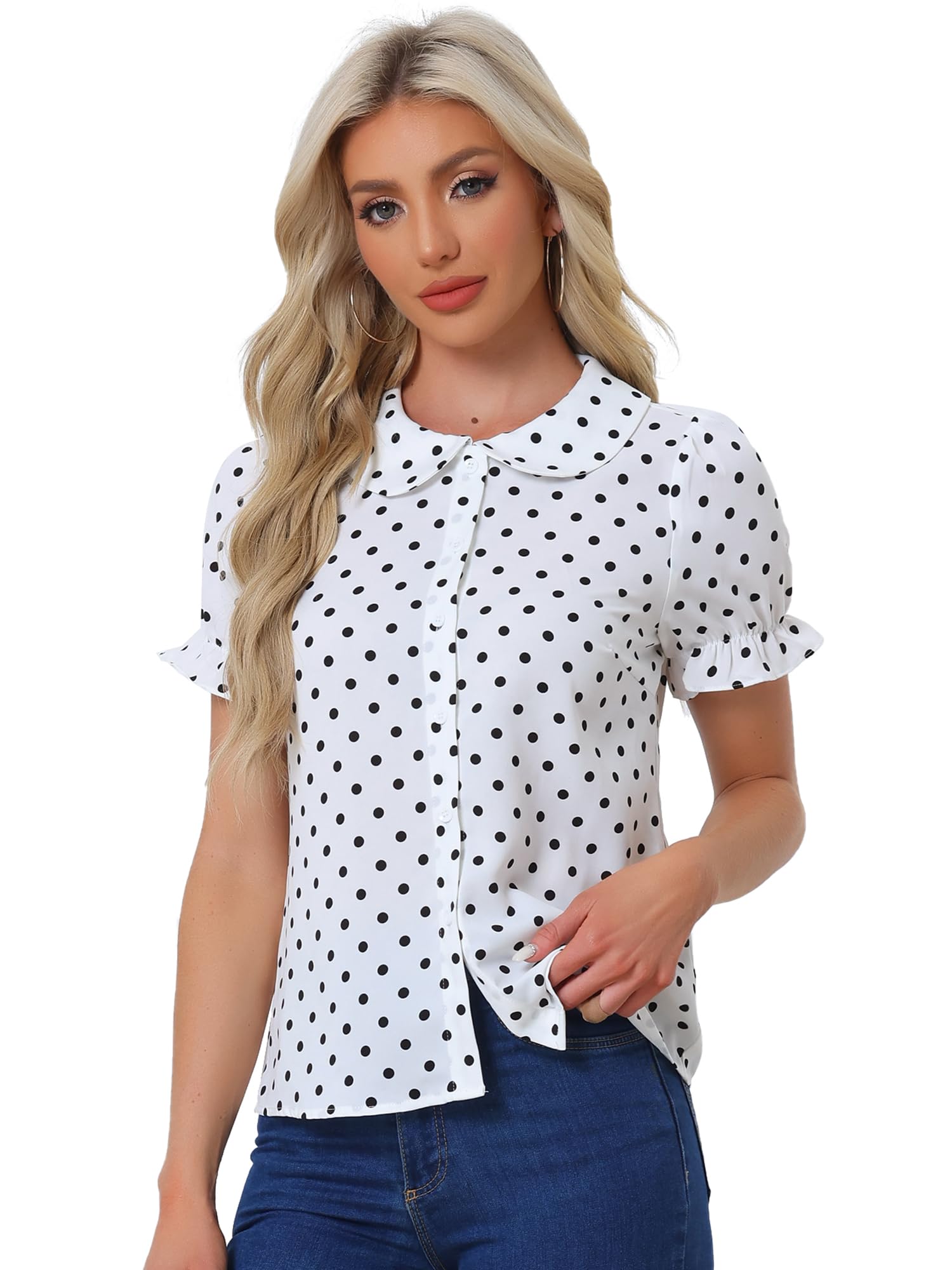Allegra K Camicia vintage da donna a pois con maniche a sbuffo e colletto Peter Pan