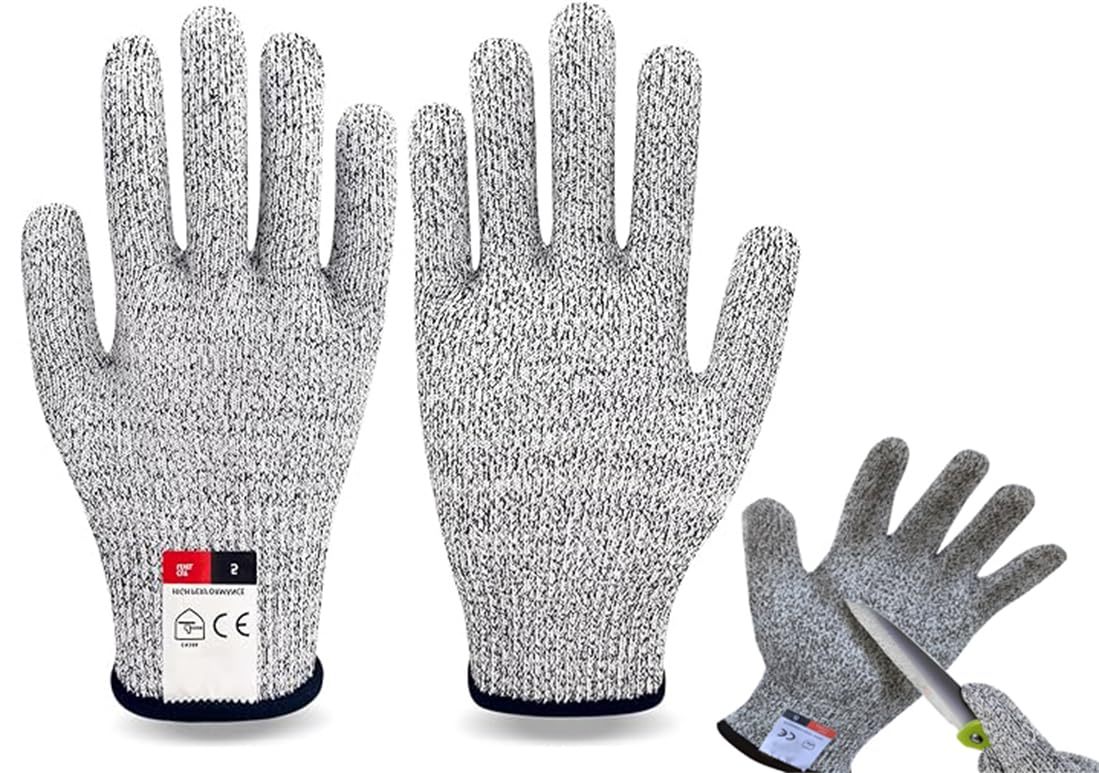 KWSLIN 2 Pairs Level 5 Cut Resistant Gloves, Safety Chef Anti-Cut Gloves, Butcher Gloves for Kitchen Cooking, Butcher Meat Cutting, Oyster Shucking, Fishing, Wood Carving, Size M + Size L