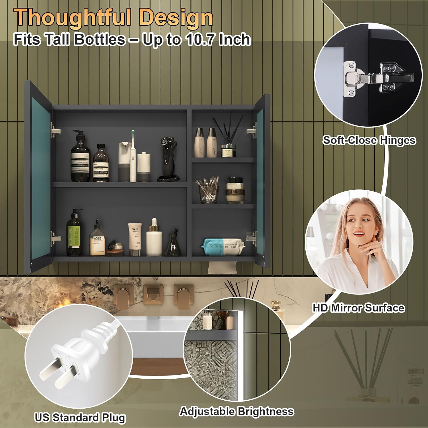 Medicine Cabinet Mirror with Lights, Fully Assembled Lighted Medicine Cabinets for Bathroom, Surface Mount Large Black LED Medicine Cabinet with Storage (24" H x 32" W, Horizontal)