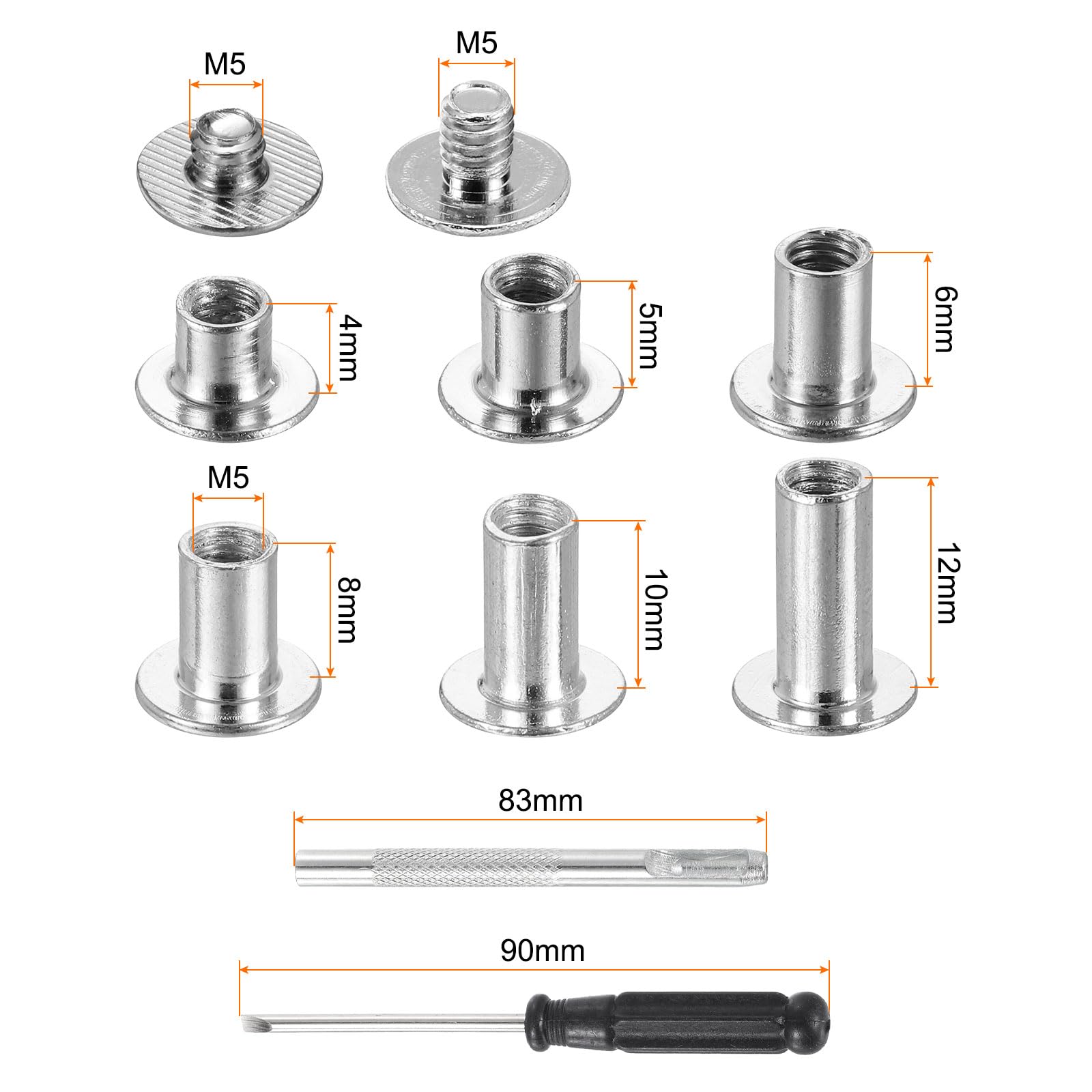 HARFINGTON 90 Sets Chicago Screws Leather Rivets, M5 3/16-Inch Belt Binding Metal Screws for Leathercraft, Bag, Shoes, Purse, Bookbinding, Silver, M5x4/5/6/8/10/12mm