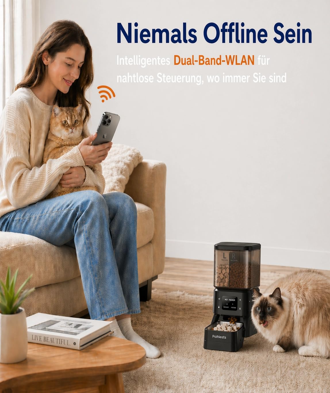 Futterautomat Katze 4L, PalNests Katzenfutter Automat Kabellos 2,4G&5G WiFi, Automatisierte Futterspender mit Programmierbarem Timer, Futterspender für Katzen/Hunde mit APP-Steuerung