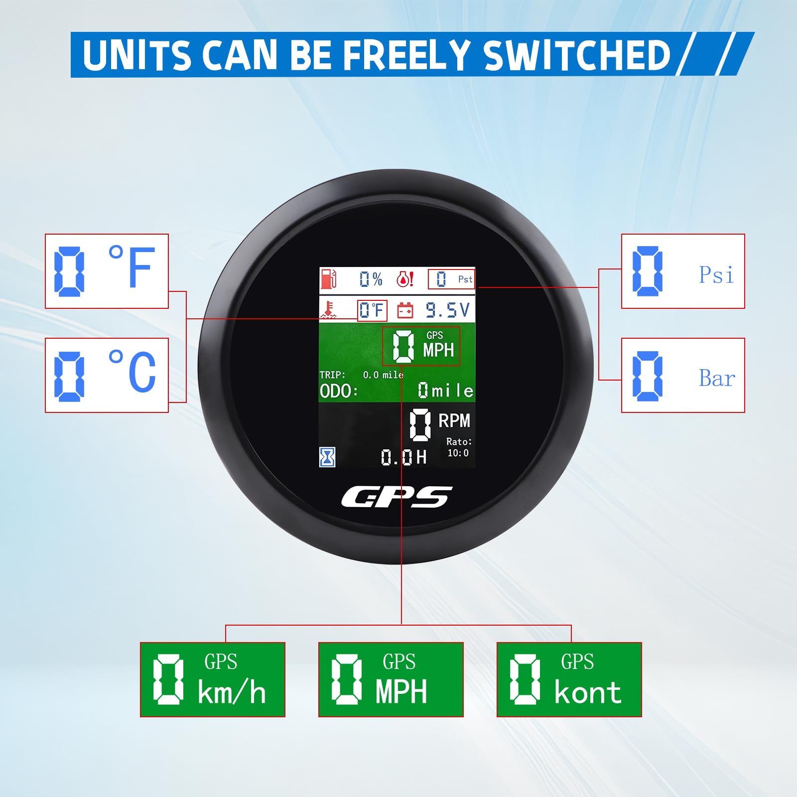 Tachimetro GPS 85 mm 6 in 1 Multifunzione Digitale Tachimetro Contagiri Voltmetro Indicatore Livello Carburante Temperatura Acqua e Pressione Olio