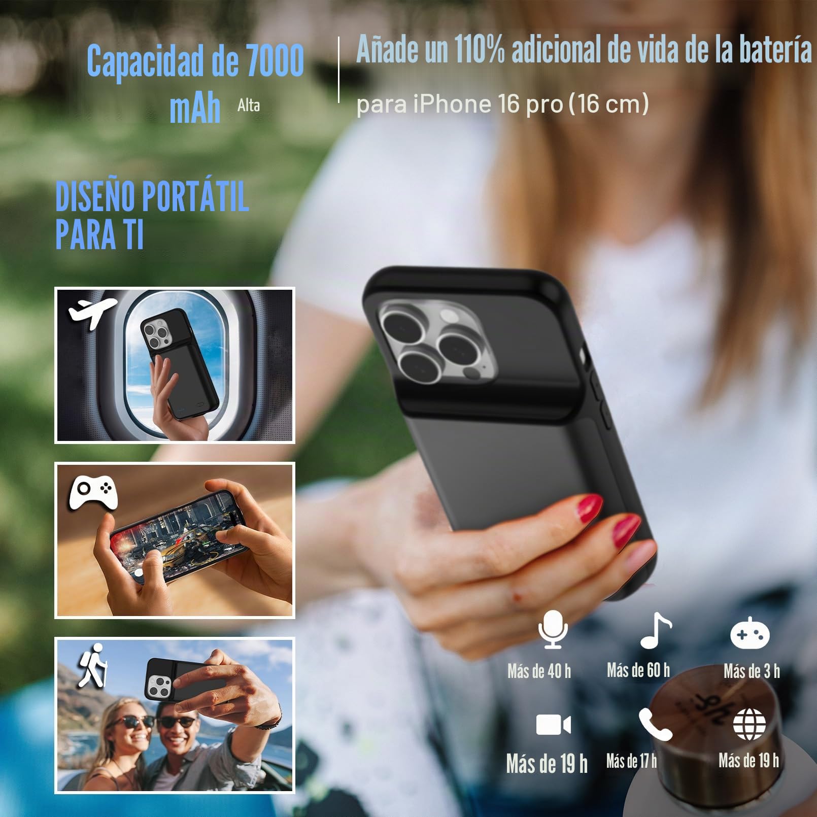 Funda de batería para iPhone 16 Pro (6.3 pulgadas), 7000 mAh, ultradelgada, 15 W, cargador rápido portátil, protección de 360°, batería extendida recargable para iPhone 16 Pro, color negro