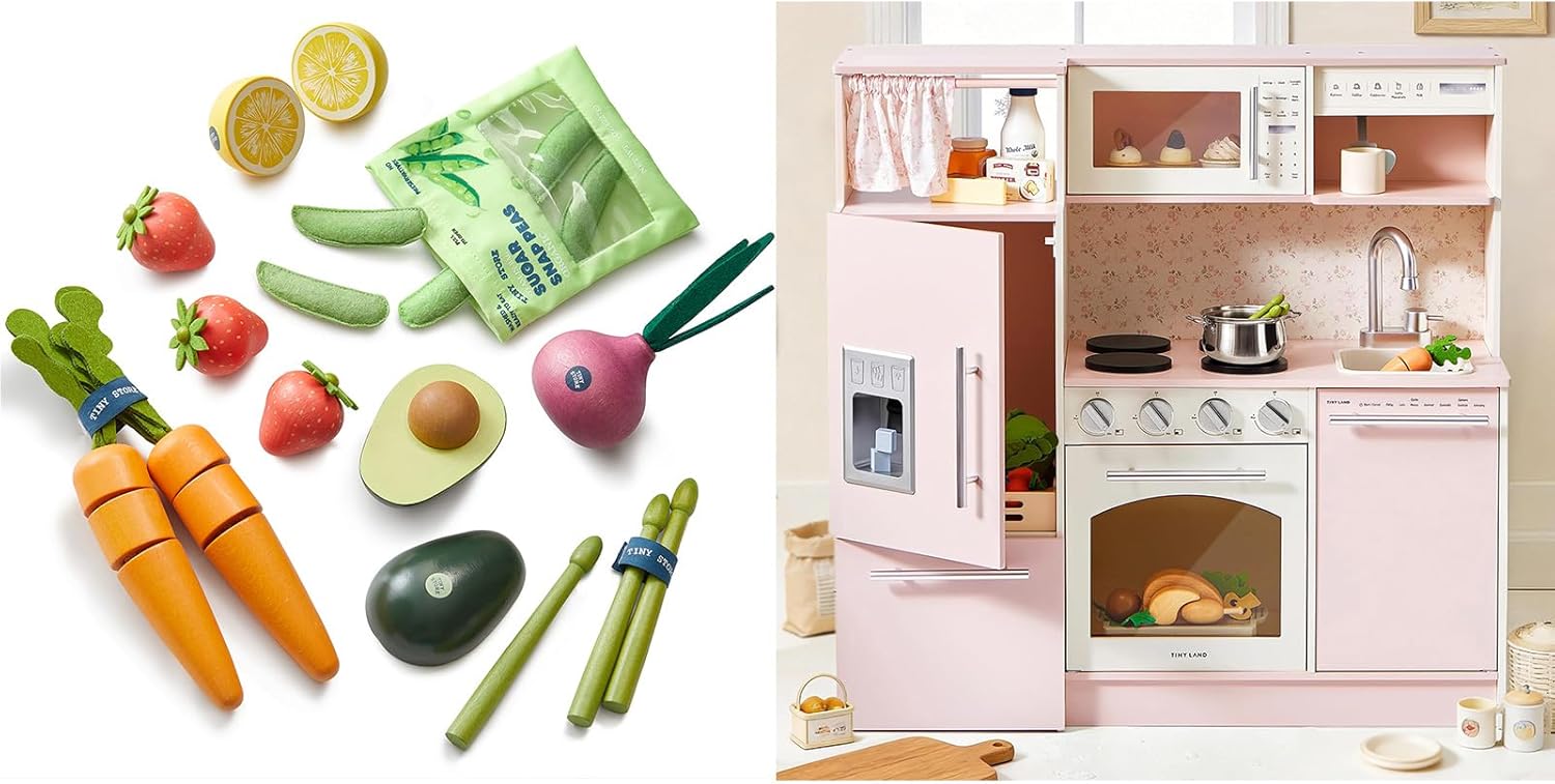 Tiny Land Organic Wooden Vegetable & Fruit Play Set，Play Kitchen