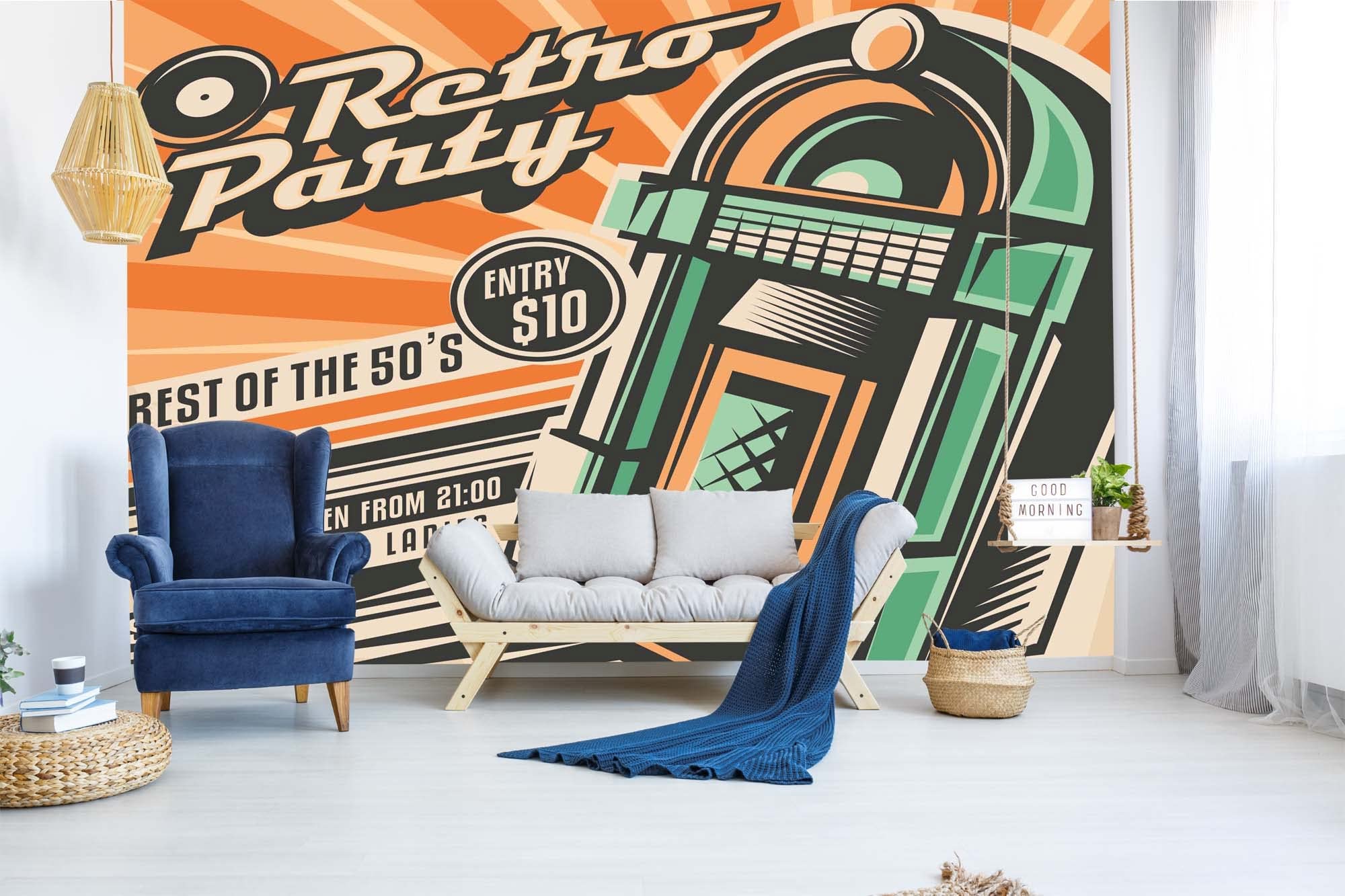 DIMEX LINE Non-Woven Photo Wallpaper Retro Party Invitation 375 x 250 cm - Non-Woven Wallpaper, wall Mural, wall Pictures - Wallpaper for Living Room, Bedroom, Office, Kitchen