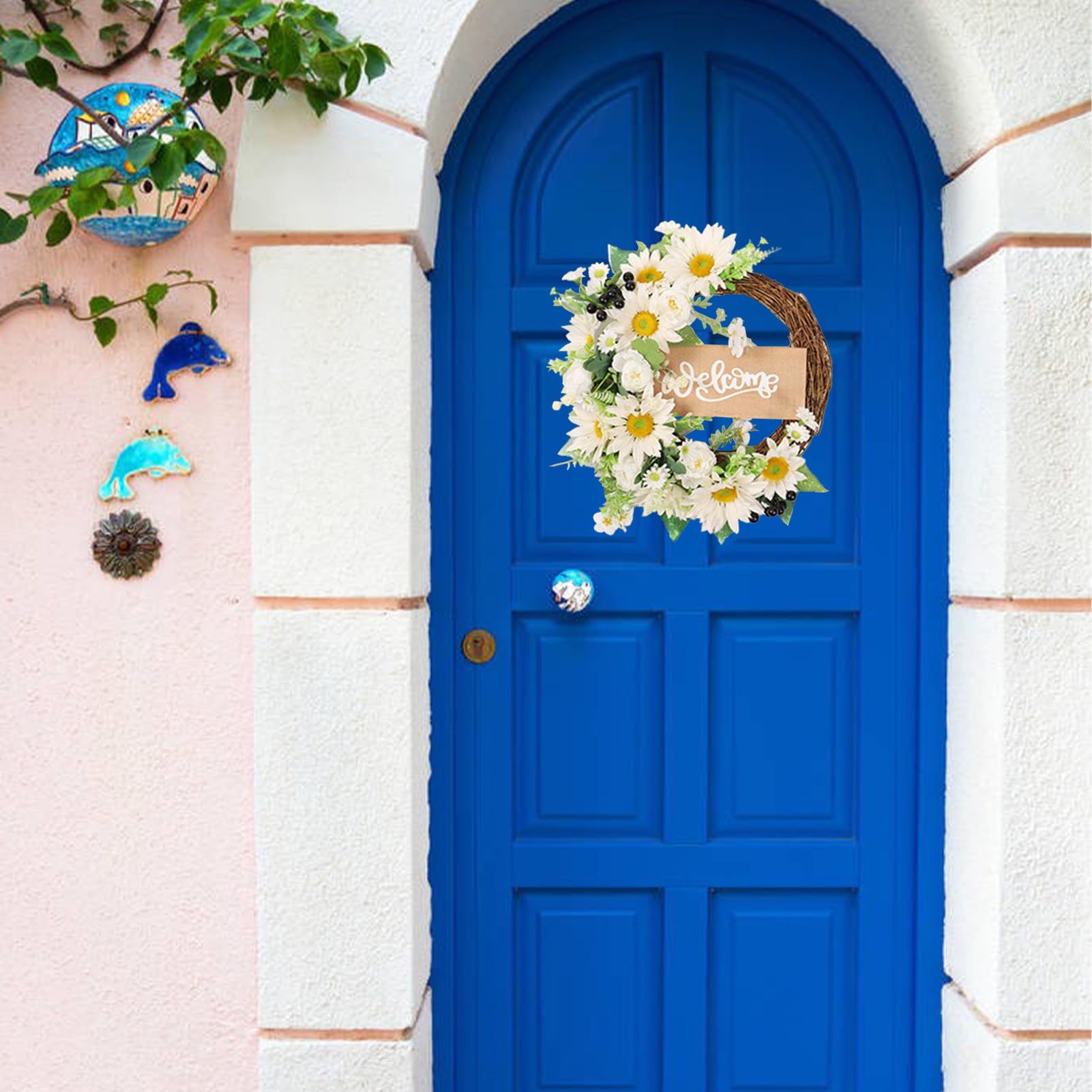 Ghirlanda di Girasoli Artificiali, Ghirlande Estive per la Decorazione della Porta D'ingresso, 15,7 Pollici Ghirlande Primaverili Estive di Girasole Bianco con Cartello di Benvenuto per la Parete Dell