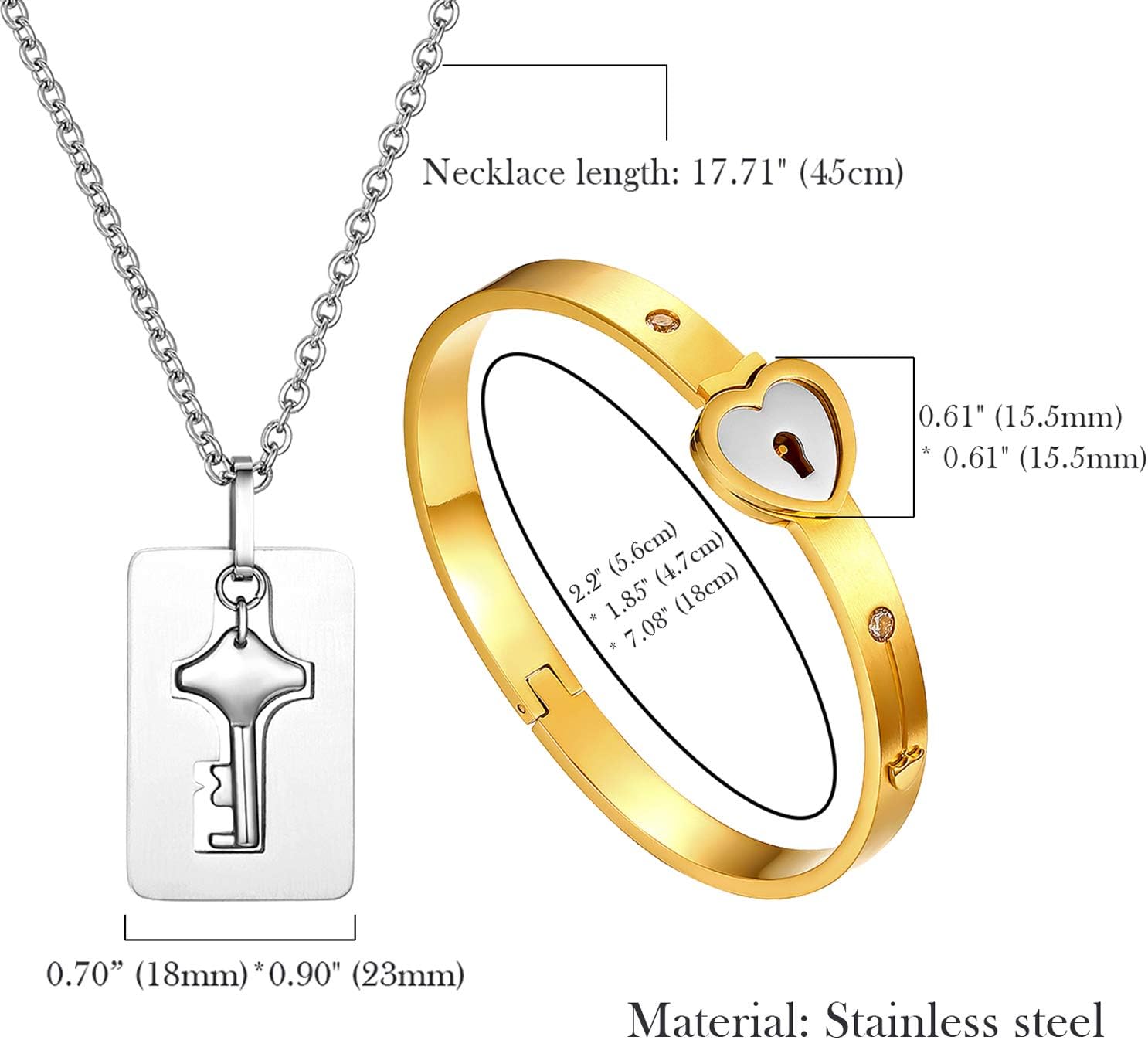 OIDEA His Hers Love Heart Key Lock Macthing Bangle Bracelet Tag Pendat Necklace for Valentines Day Gifts,Silver,Roseold