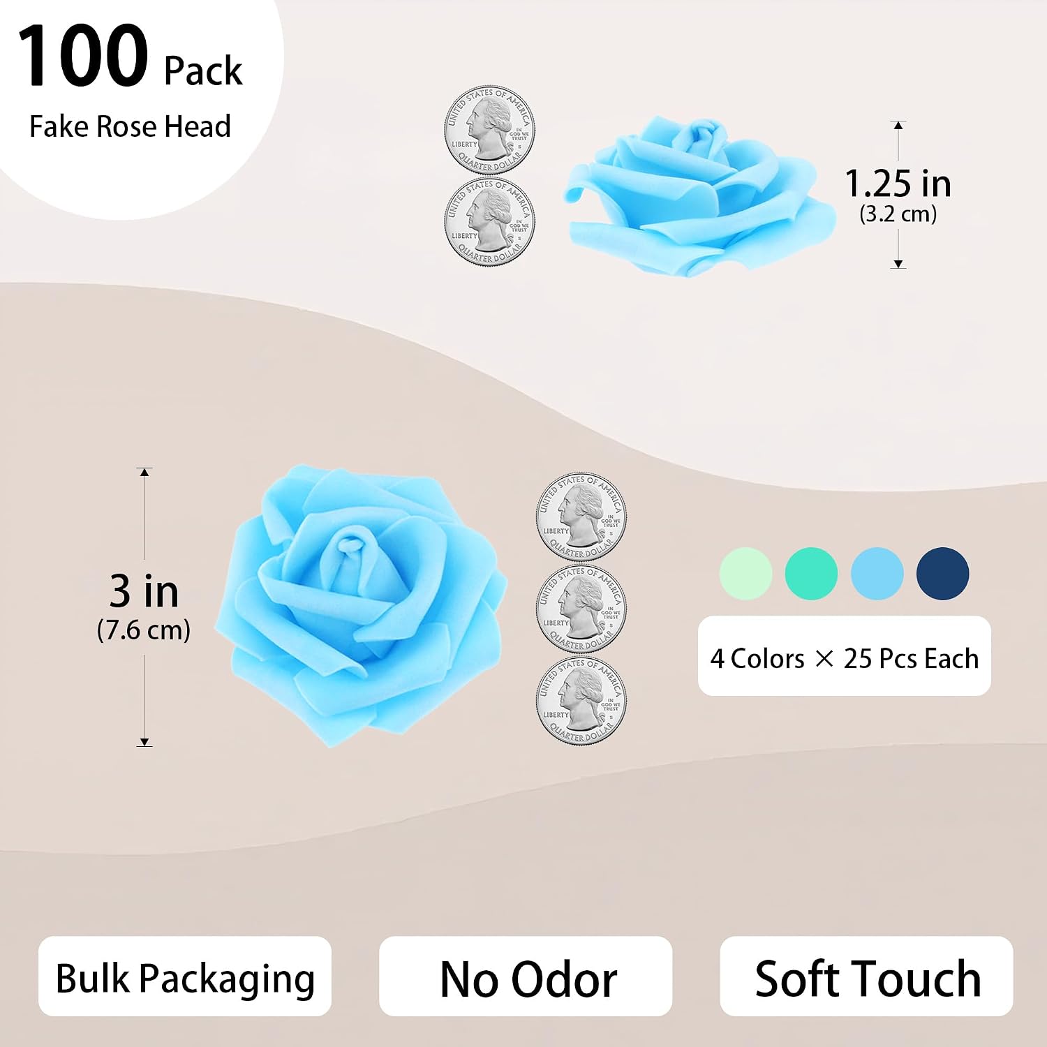 100 Pcs 3 in Large Artificial Rose Head Bulk (4-Tone Blue Green) image 2