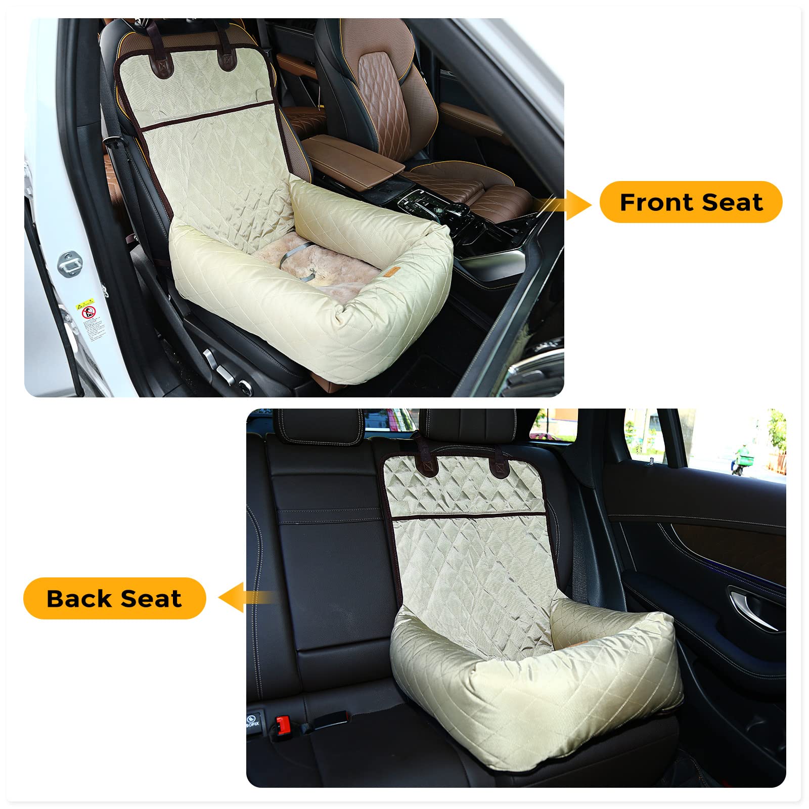 HAPPY HACHI Seggiolino Auto per Cani di Piccola e Media Taglia, Letto per Cane Cuccia per Cani Seggiolino da Viaggio per Gatti con Copertura Rimovibile e Guinzaglio Sicurezza Beige