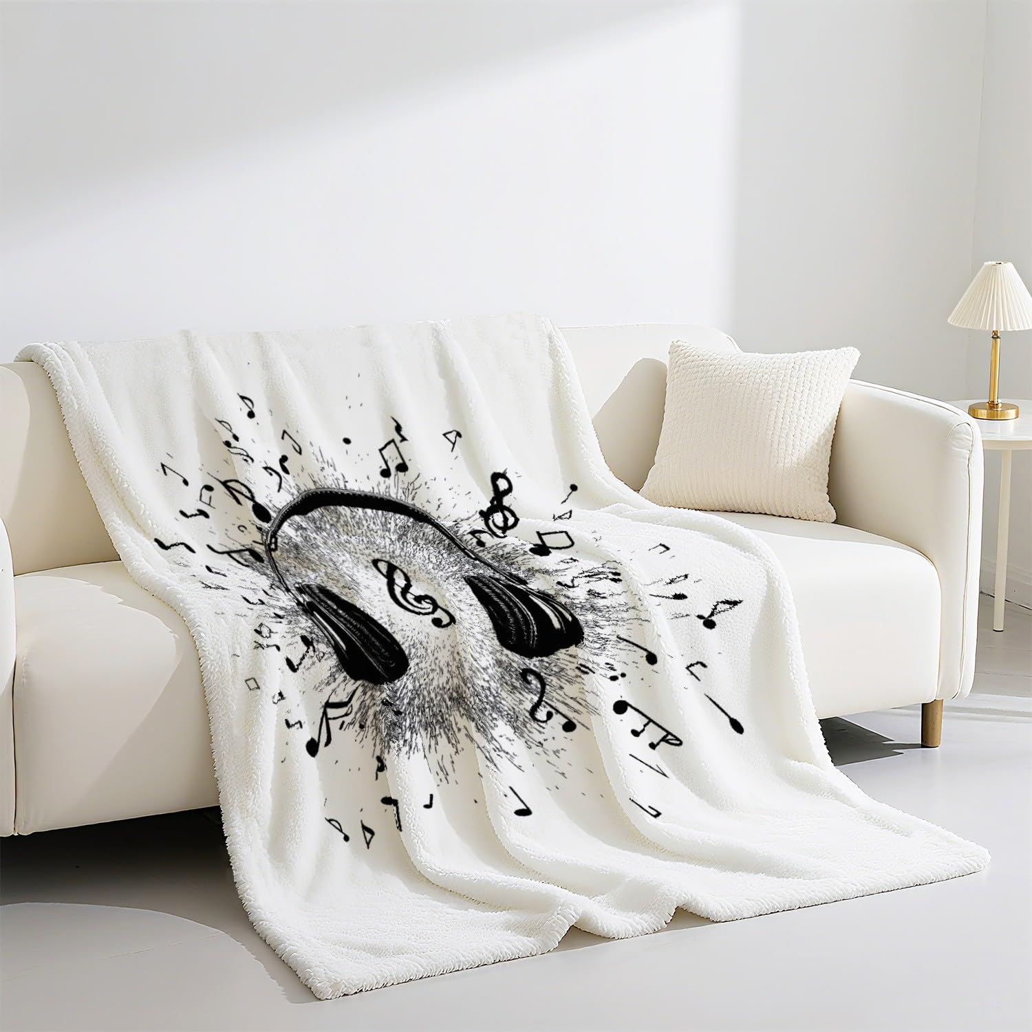Genérico Manta de Franela Manta de Cama de Doble Cara y Extra Gruesa Frazada de Sofá Ligera y Suave al Tacto Mullida y Térmica 200 x 240 cm Genial Música Auriculares Negro