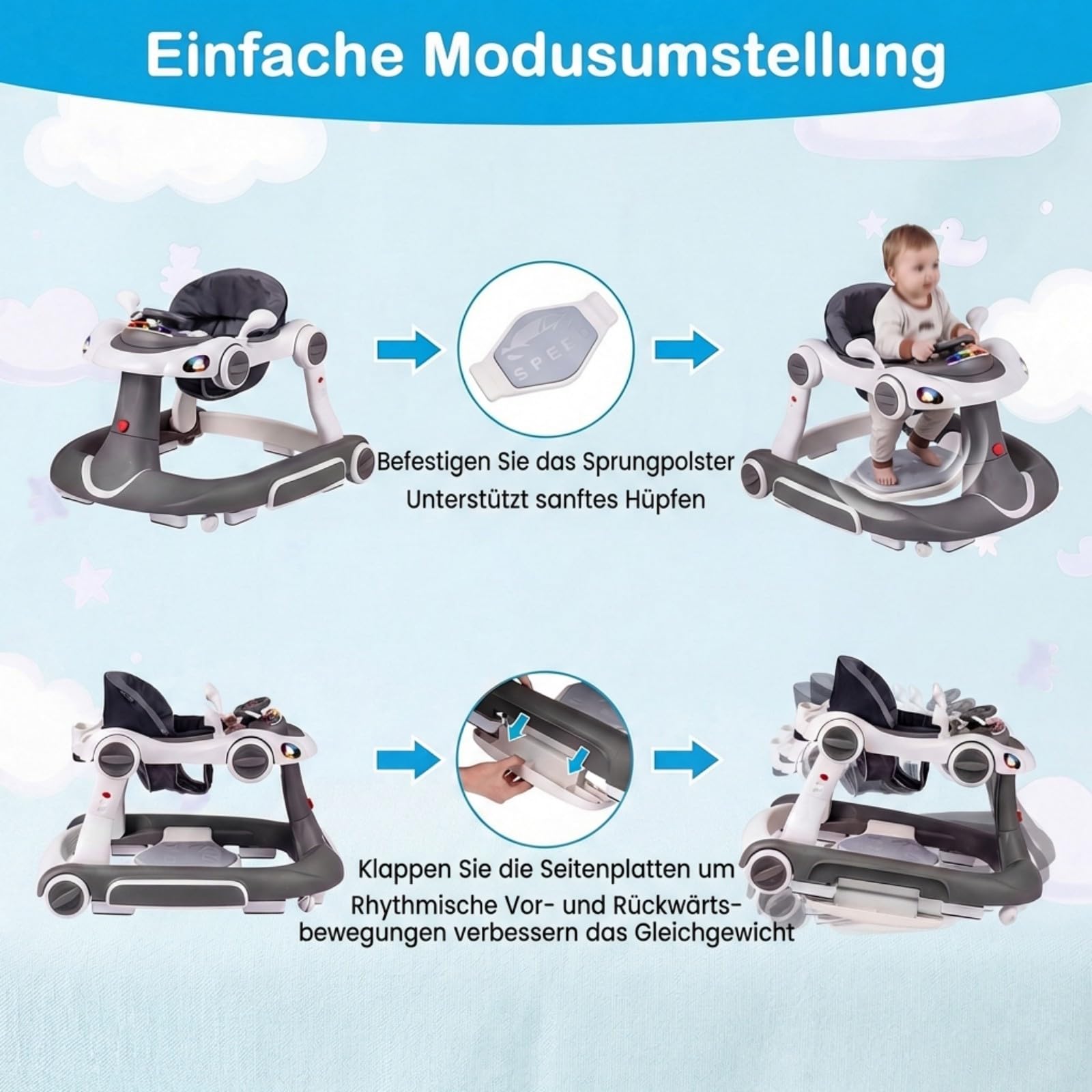 COSTWAY 7 in 1 Lauflernhilfe mit Verdeck, Lauflerwagen mit einstellbarer Höhe & Geschwindigkeit, Baby Walker klappbar mit Spielboard, Musik, Licht & Rädern, Gehfrei Baby ab 6 Monaten (Grau)