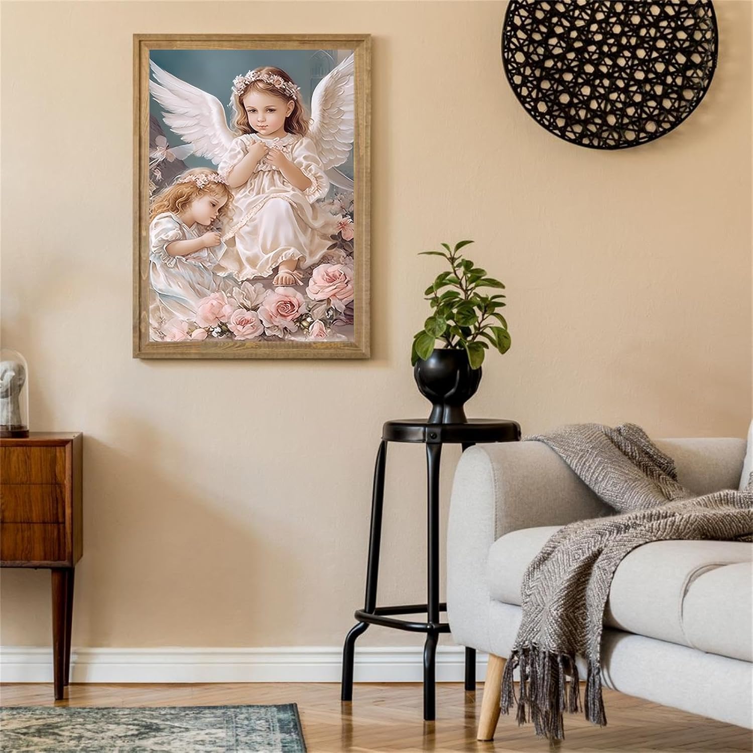 Diamond Painting Kits for Adults, Flowers and Two Little Angels 5D DIY Diamond Painting Full Round Drill Craftwork for Beginners Gem Art Painting Home Wall Decor Gift 12x18 Inch
