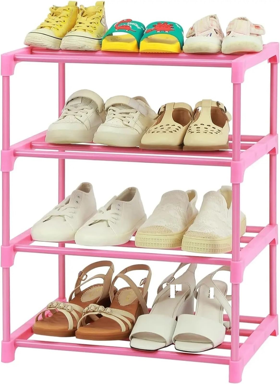 XILEUDUOD Shoe Organizer For Entryway 4-Tier Stackable Shoe Rack For 6-8 Pairs, Space-Saving Narrow Organizer For Entryway, Closet, Dorm - Pink