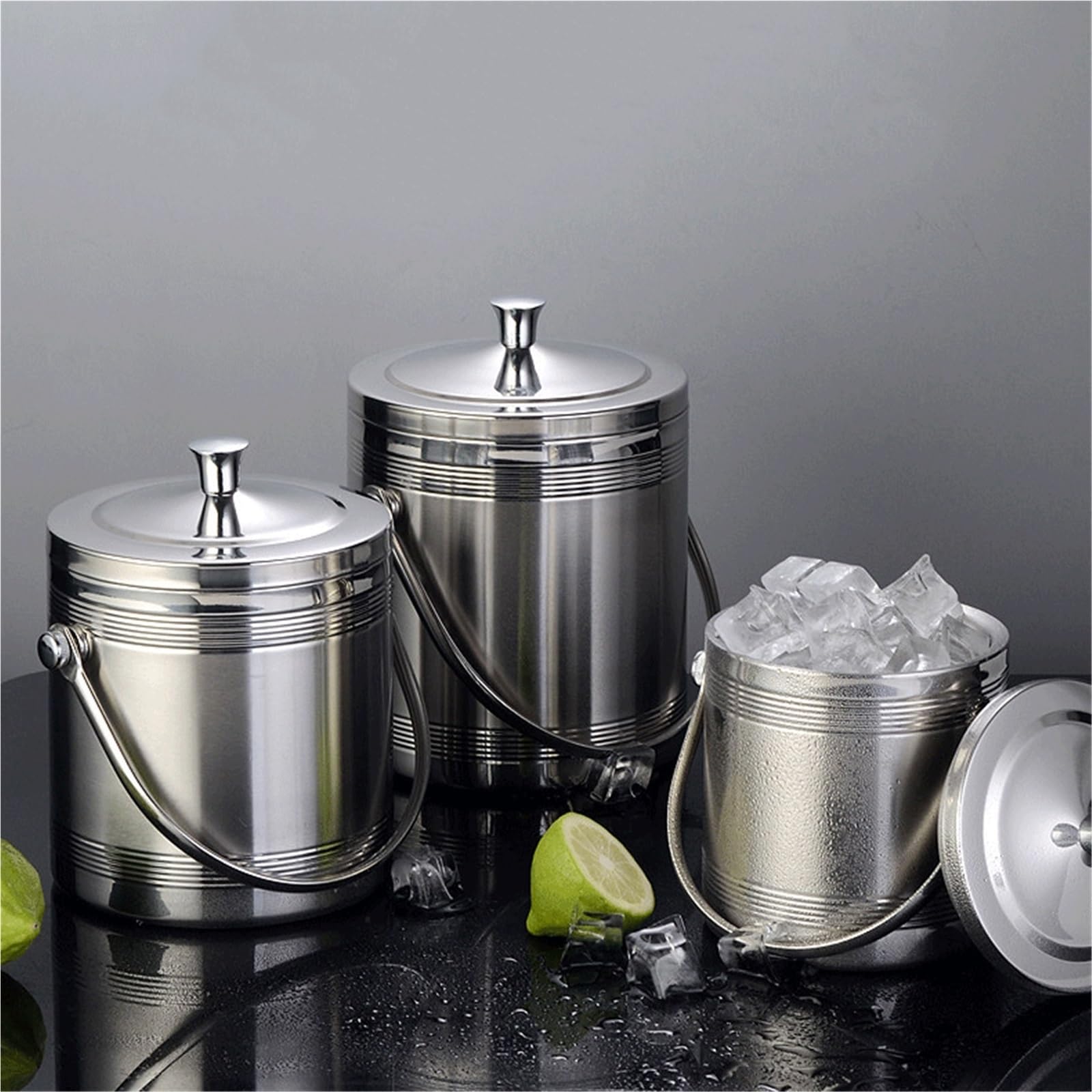 Cubo de champán Cubitera de Doble Pared Acero Inoxidable con Tapa y Pinzas for Hielo Cubo/Enfriador de Bebidas(Medio)