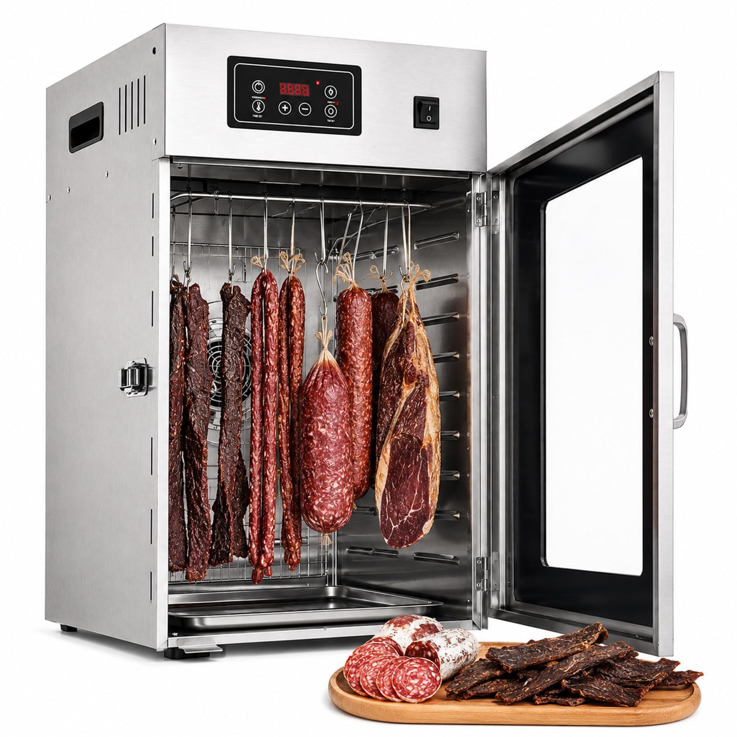 twostronking 800w Food Dryer, Rotary Sausage Dryer, Meat Curing Cabinet, Adjustable 30–90°C, With LED Control Panel and 14 Hooks, 7.5kg Capacity, 360° Rotation, For Jerky, Bacon, Chicken
