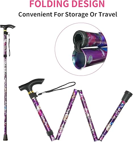 Miniatura 4 de Bastón plegable, altura ajustable de 5 niveles, ligero, portátil, plegable, bastones para caminar con correa para la muñeca y mango en T para