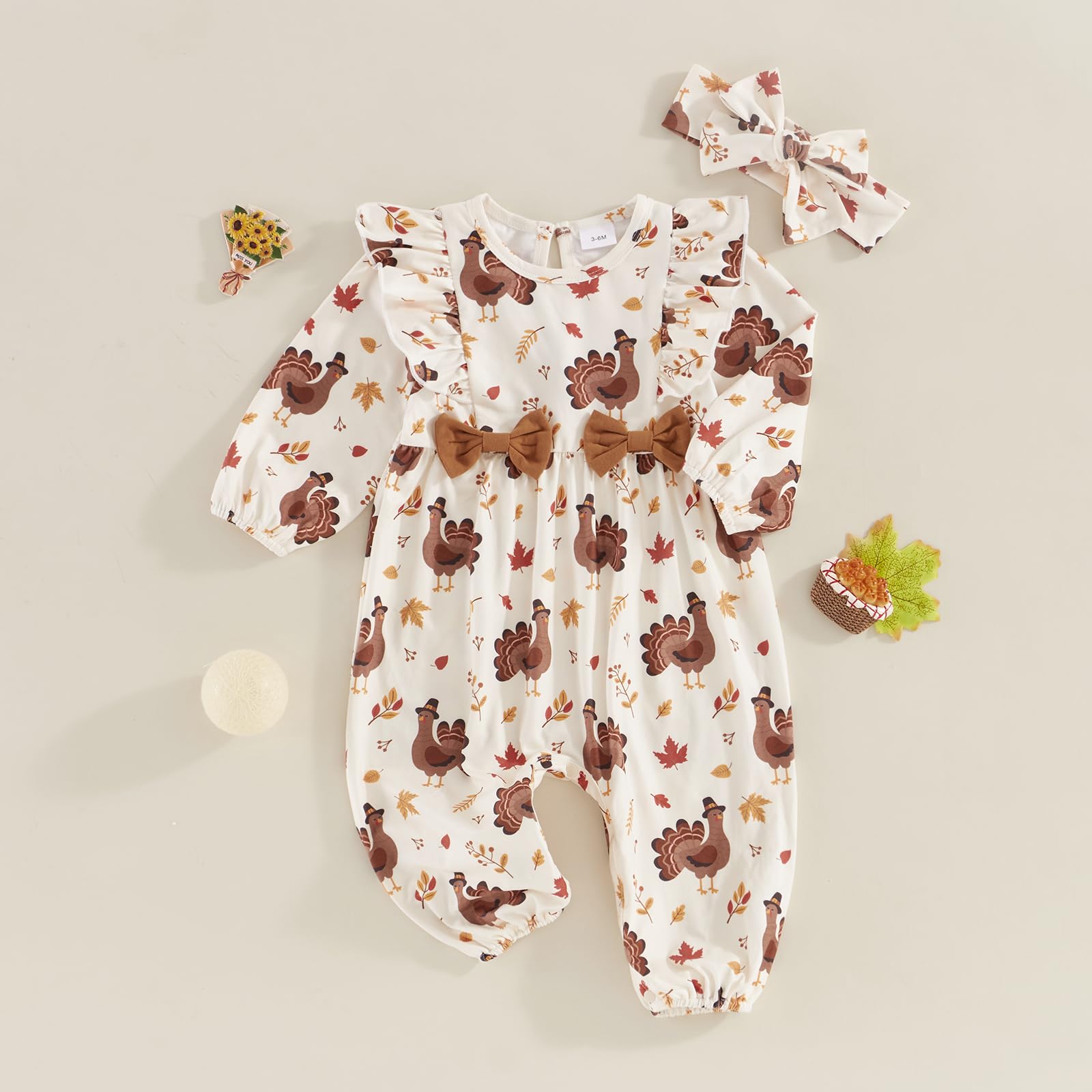 Newborn Baby Girl Thanksgiving Clothes Turkey Ruffle Sleeve Romper Jumpsuit with Headband Fall One Piece Outfits (White, 3-6 Months)