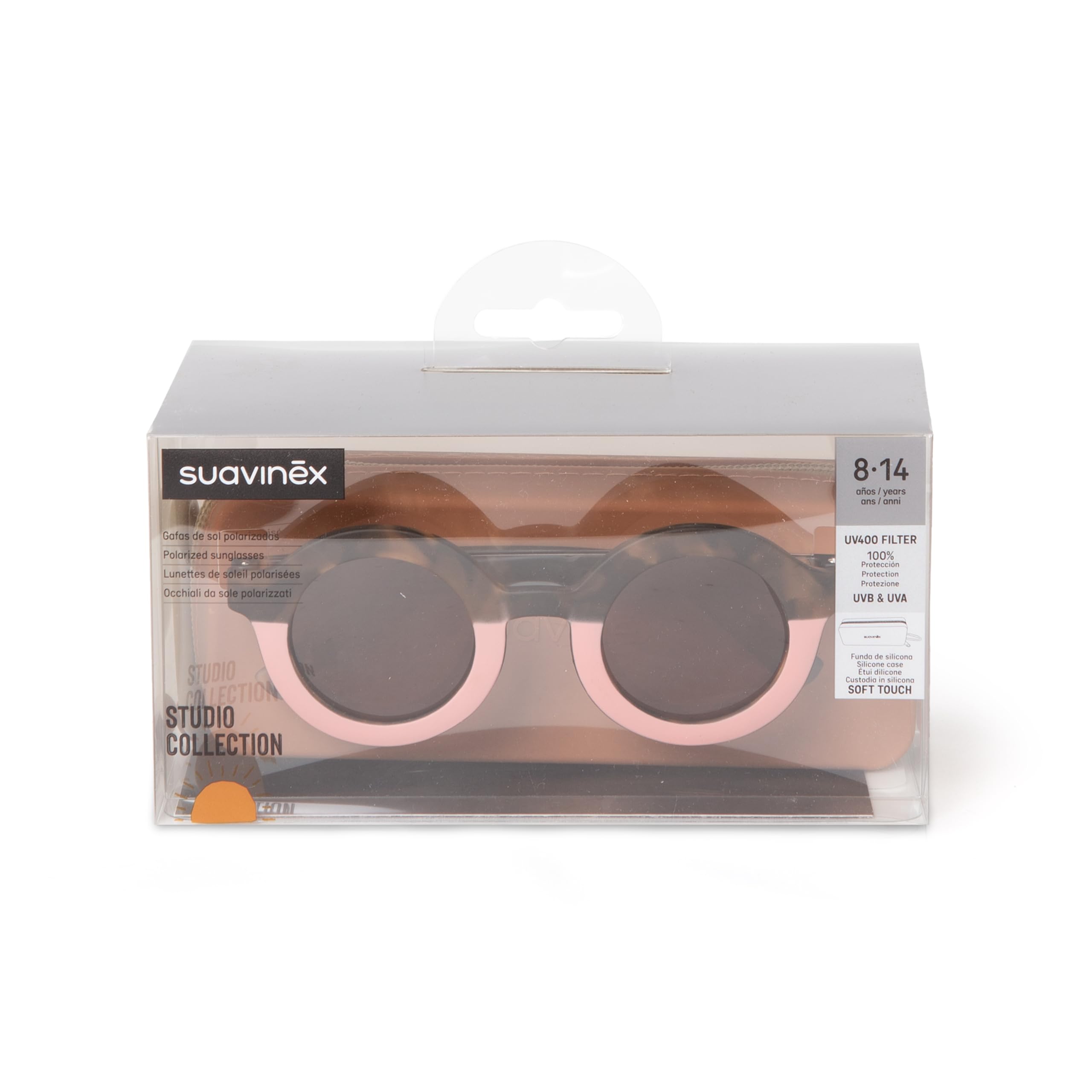 SUAVINEX, Gafas de Sol para Niños y Niños de 8 a 14 Años, Polarizadas, Filtro UV 400, 100% Protección Rayos UVA y UVB, con Funda Incluida, Flexibles y Ligeras, Redondas, Studio 2026, Rosa