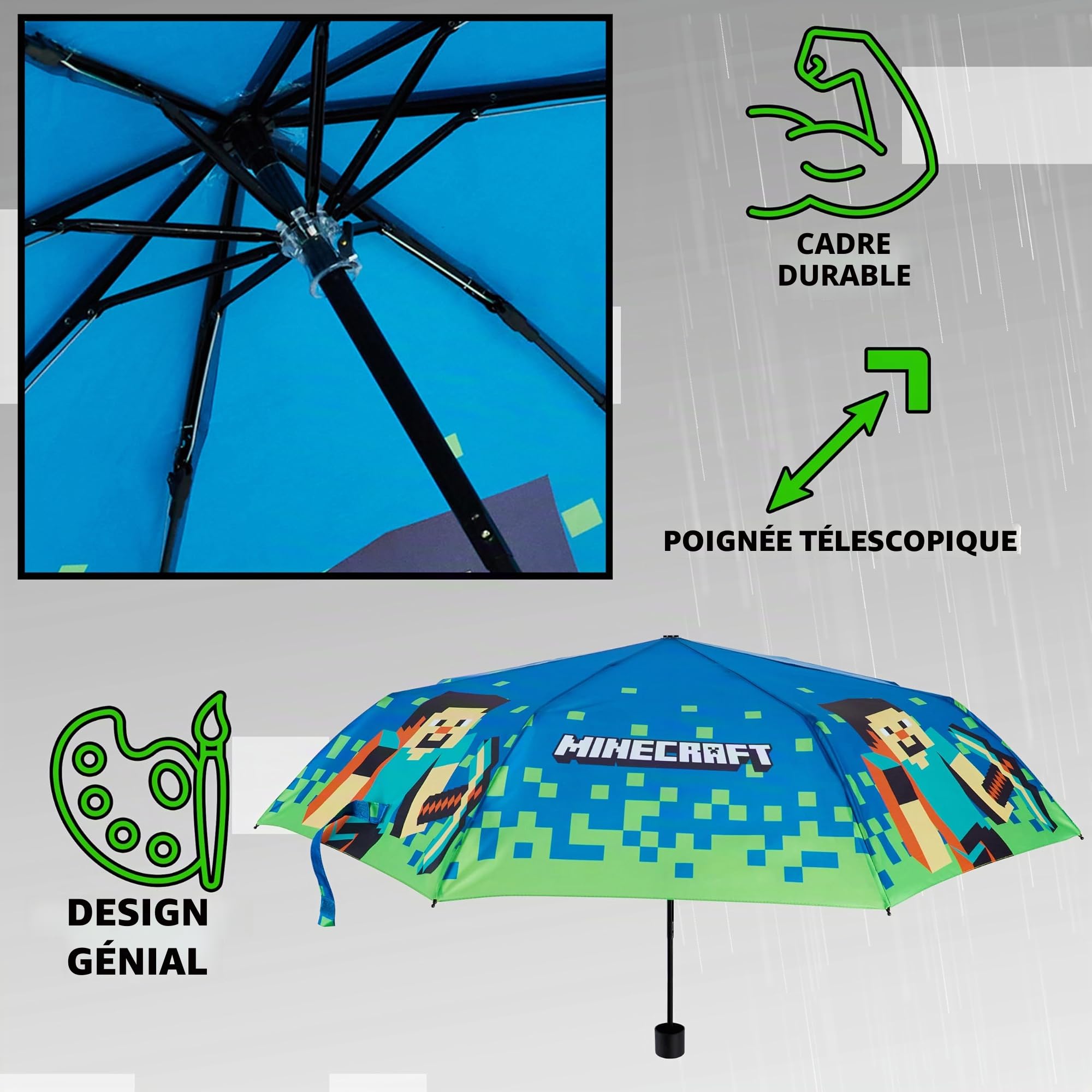 Minecraft Parapluie Pliant pour Enfant - Parapluie Télescopique Léger (Bleu/Vert)