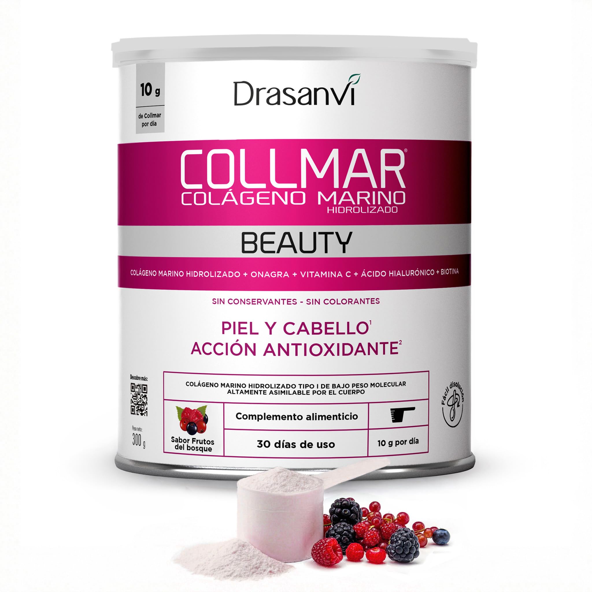 DRASANVI COLLMAR BEAUTY COLAGENO ACIDO HIALURONICO | Colágeno Marino Hidrolizado con Vitamina C Natural y Biotina |Beauty Collagen Piel Bonita e Hidratada| Sabor Frutos del Bosque, 300 GR= 30 Días
