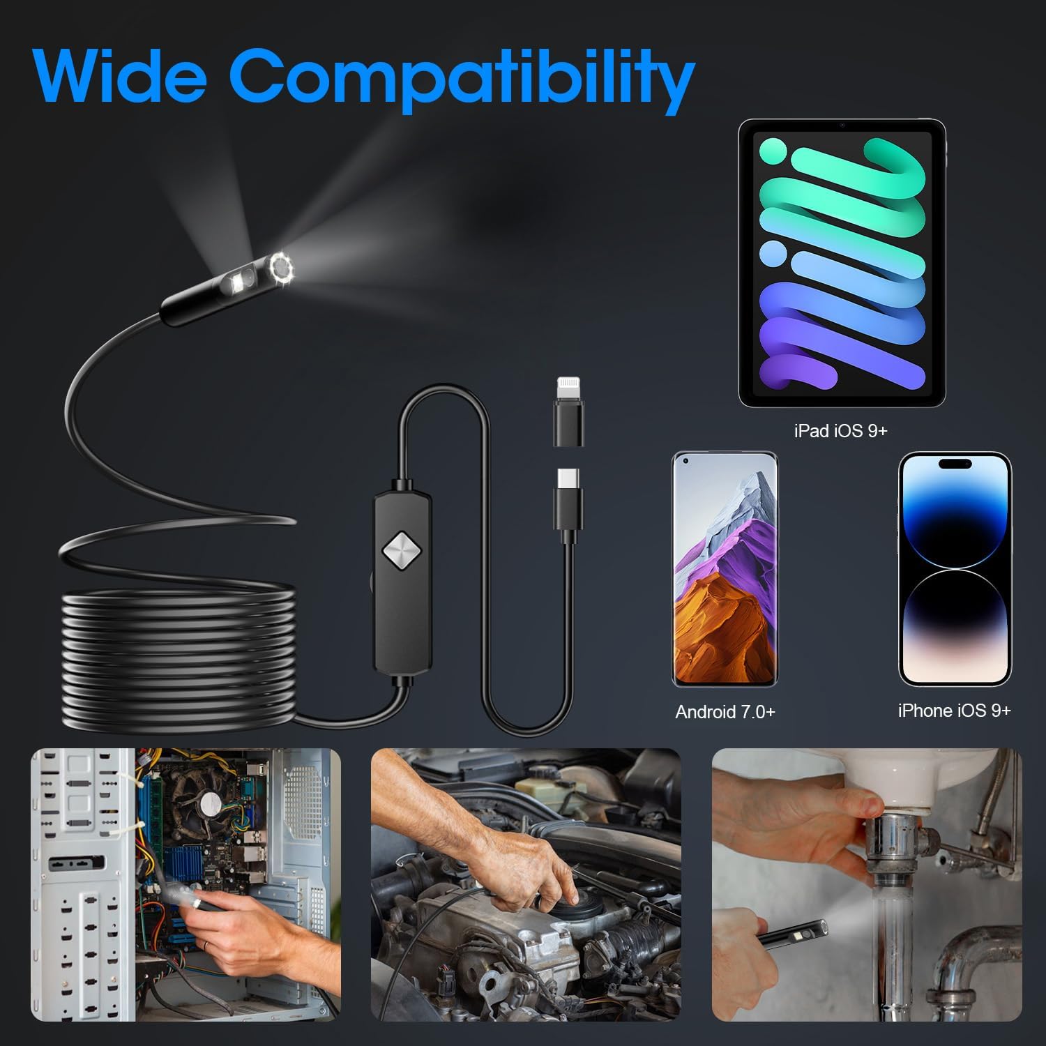 Endoscope with Light, 1920P HD Borescope with 8 Adjustable LED Lights, 9.8FT Semi-Rigid Snake Camera, IP67 Waterproof Inspection Tool for iPhone & Android - Dual Lens (Black) 001