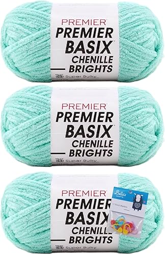 Miniatura 8 de Premier Yarns Basix - Ovillo de felpilla Brights, 5.3 onzas, peso súper voluminoso #6, paquete de 3 unidades con marcadores de puntada Bella's