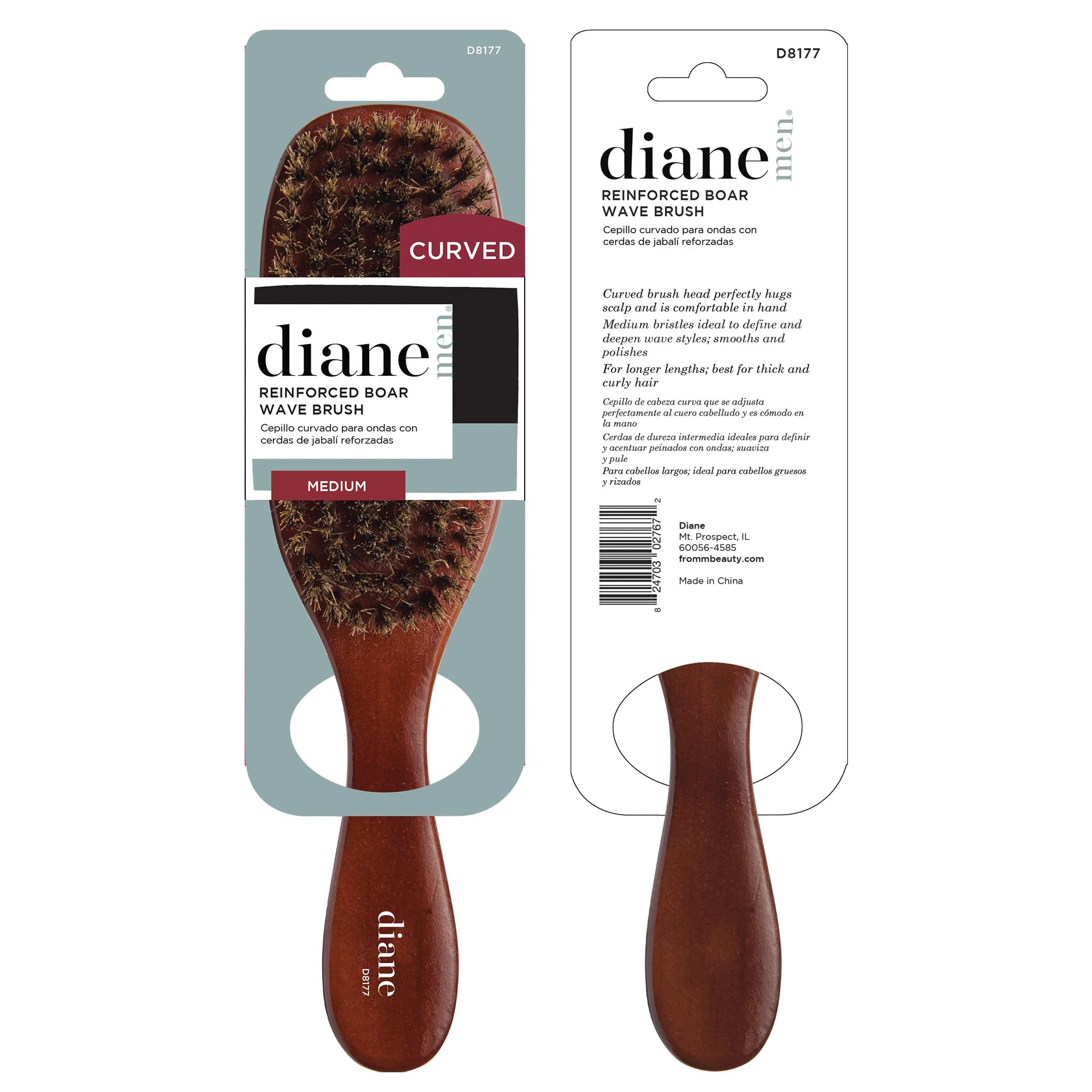 Diane Diane d8177 Herren-Haarbürste, mittlere Härte, mit langem Griff, gebogene Wellen, mittlere Härte