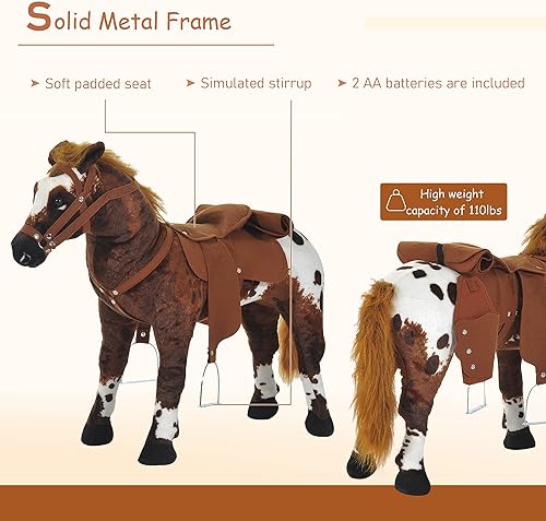 Miniatura 5 de Qaba Caballo de montar con sonido para niños de 3 a 5 años, con sonido de relincho y galope, juguete de animal de peluche para niños con acolchado